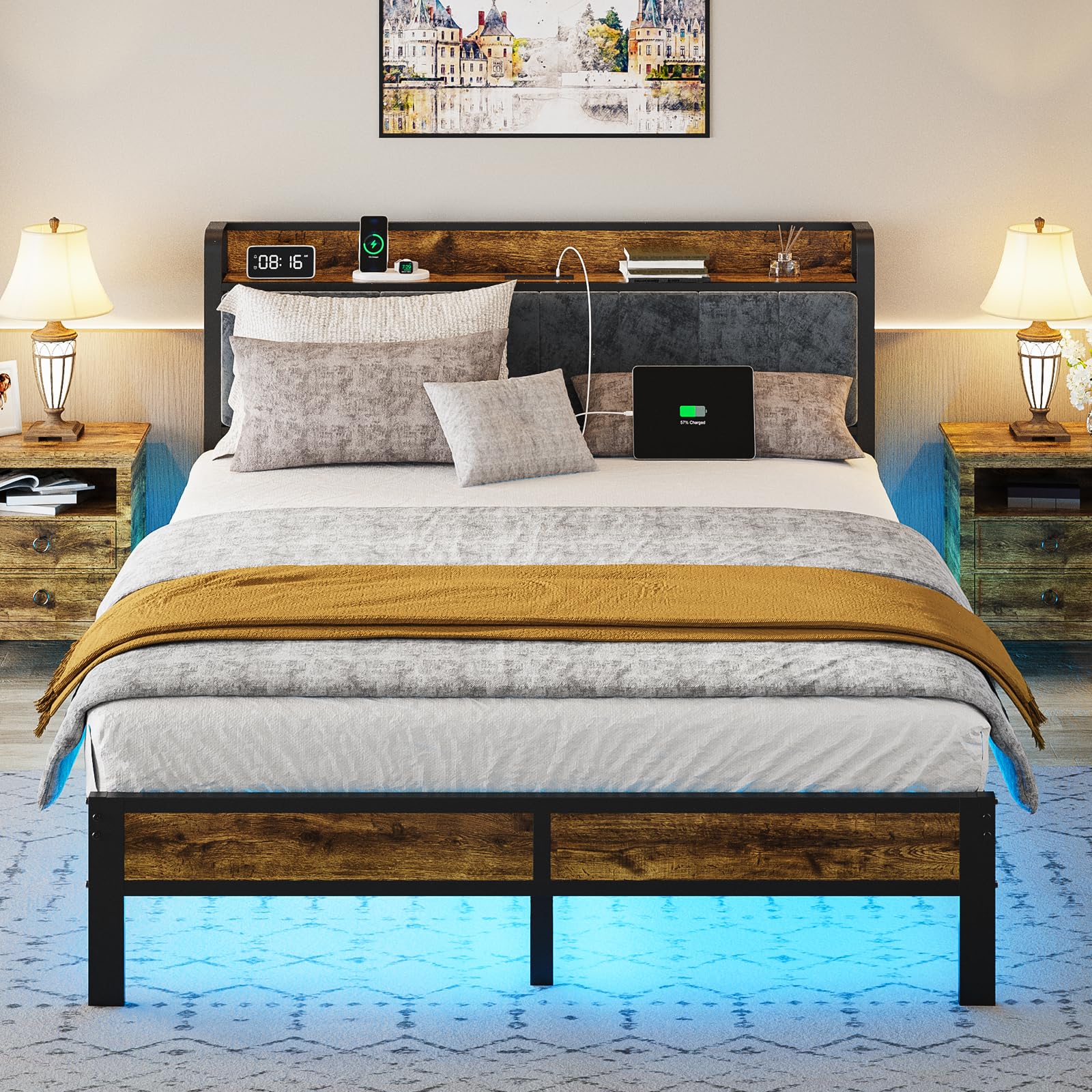 Liians Queen Bed Frame with Headboard, Metal Platform Bed with Smart LED Lights and USB Charging Station, Easy Assembly, No Box Spring Needed