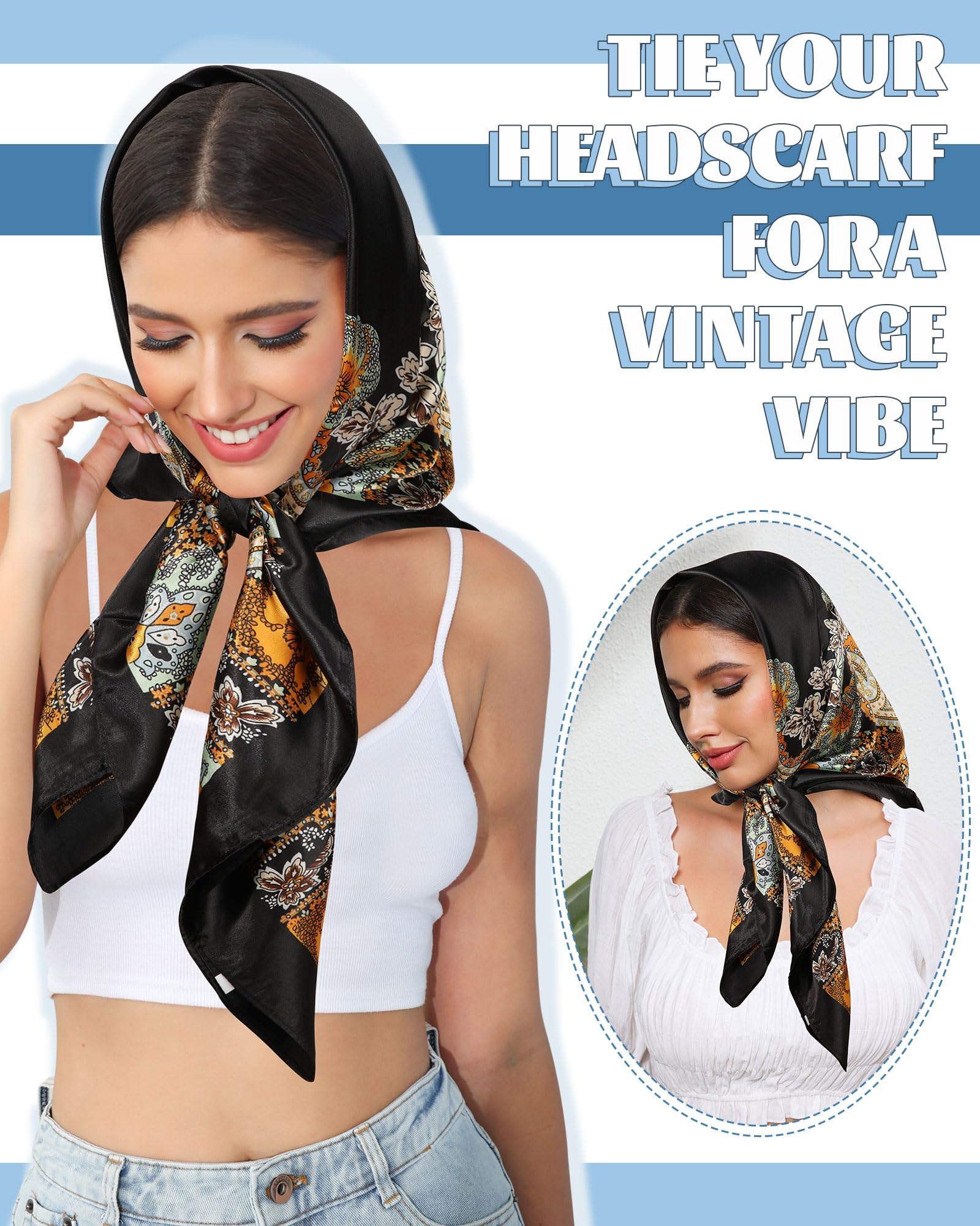 AWAYTR 35” Large Square Satin Head Scarf - 3Pcs Hair Scarves Bandana Beach Silk Feeling Headscarf for Women Hair