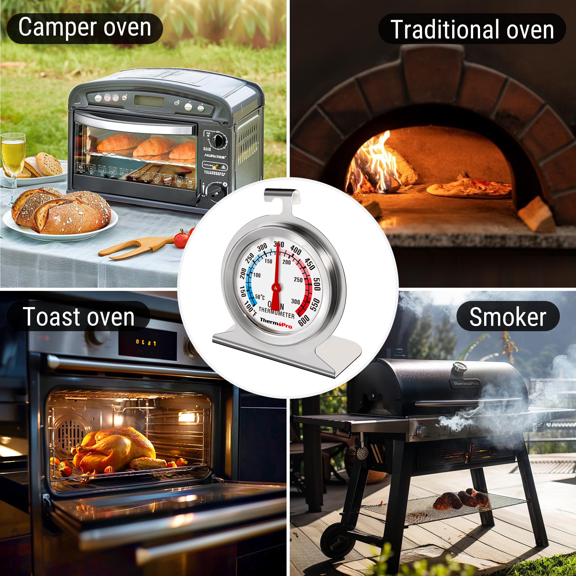 ThermoPro 2-Pack Oven Thermometer for Gas Oven, 50-300°C/100-600°F Smoker Temperature Gauge with 431 Stainless Steel, Analog Instant Read Cooking Thermometer