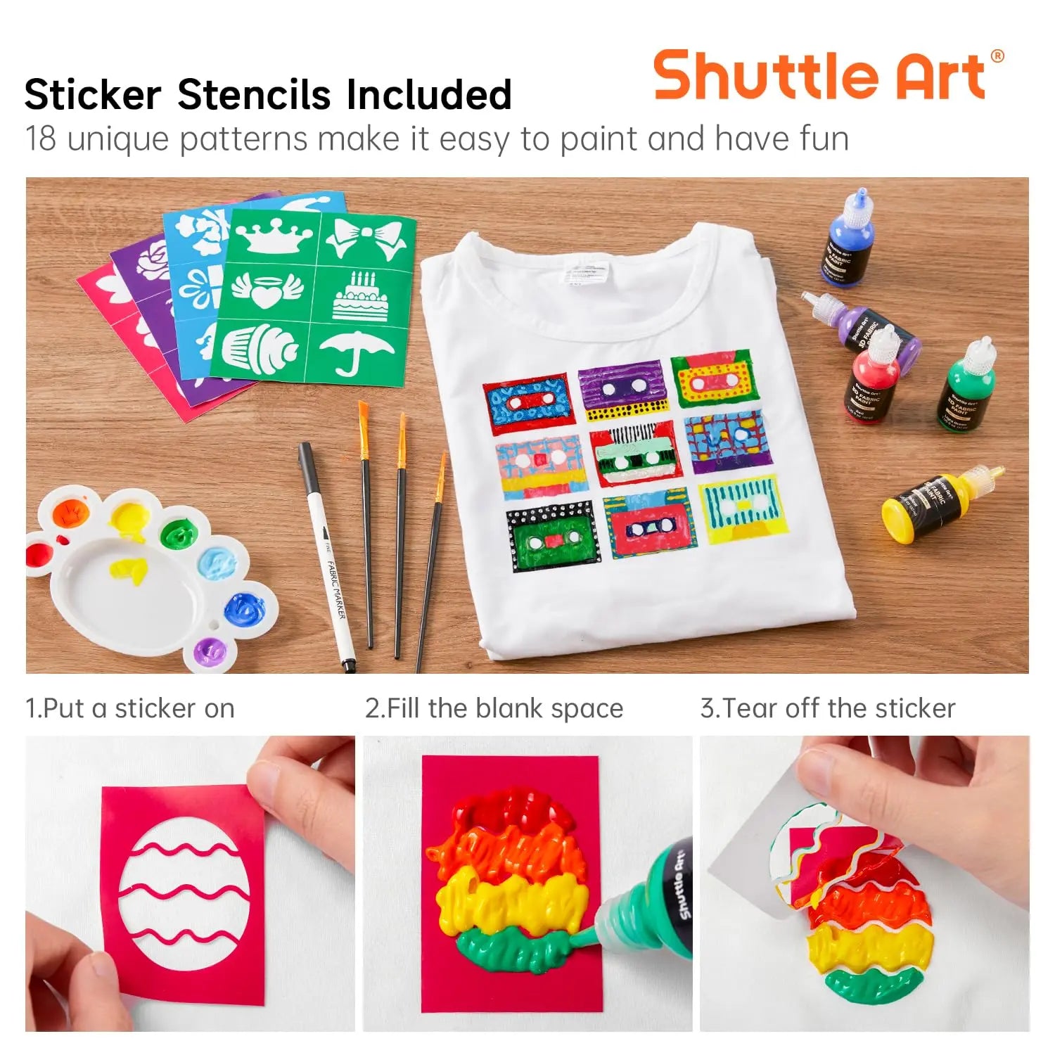 Shuttle Art Fabric Paint Set, 45 Colors 3D Permanent Paint with Brushes Palette Pen Fabric Sheet Stencils, Glow in The Dark, Glitter,Metallic Colors for Textile Fabric T-shirt Jeans Glass