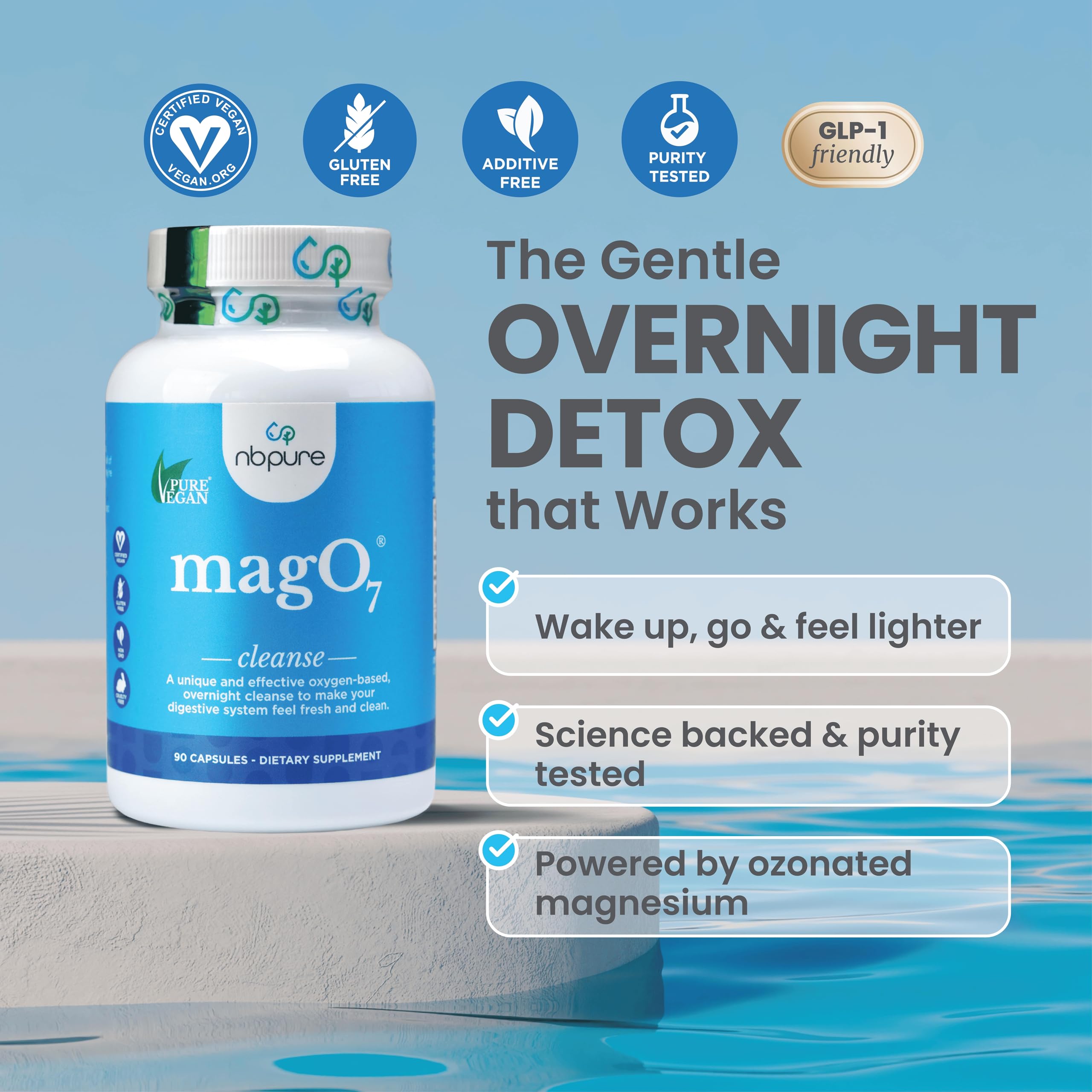nbpure MagO7 - Natural Colon Cleanse & Detox - Occasional Constipation Relief, Stool Softening, & Bloating Support for Men & Women - Ozonated Magnesium Oxide, 180 Capsules