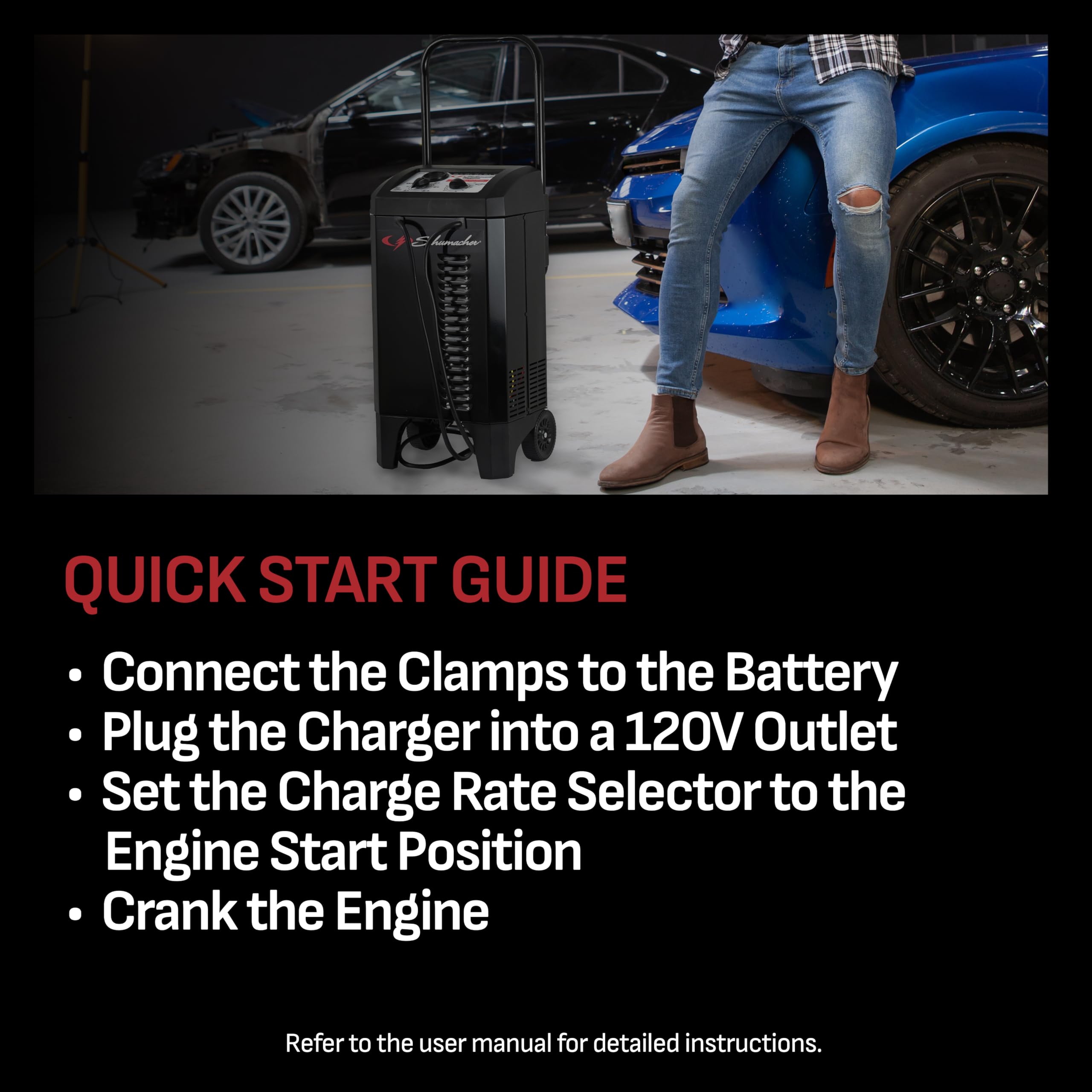 Schumacher Electric Manual Battery Charger & Engine Starter – 6V/12V 250A Heavy-Duty Battery Charger with 50A Boost Mode, Color-Coded Clamps, 6-Foot Output Cables & Rugged Design SC1445