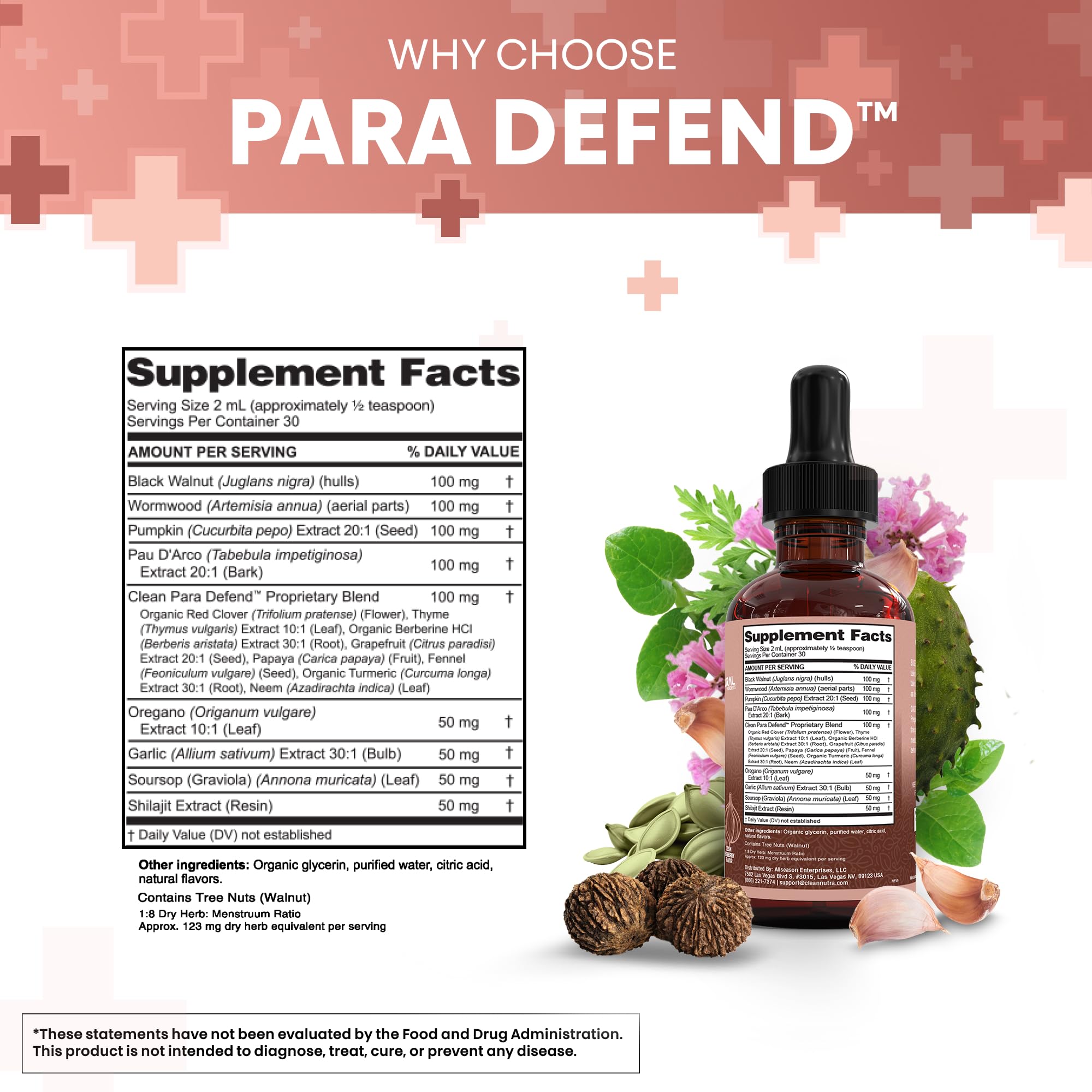 para Defend Wormwood Black Walnut Cleanse for Humans Drops Liquid Soursop Garlic Pumpkin Seed PAU D'Arco Oil of Oregano Turmeric Berberine Neem Extract Hull Bark Tincture by Clean Nutra