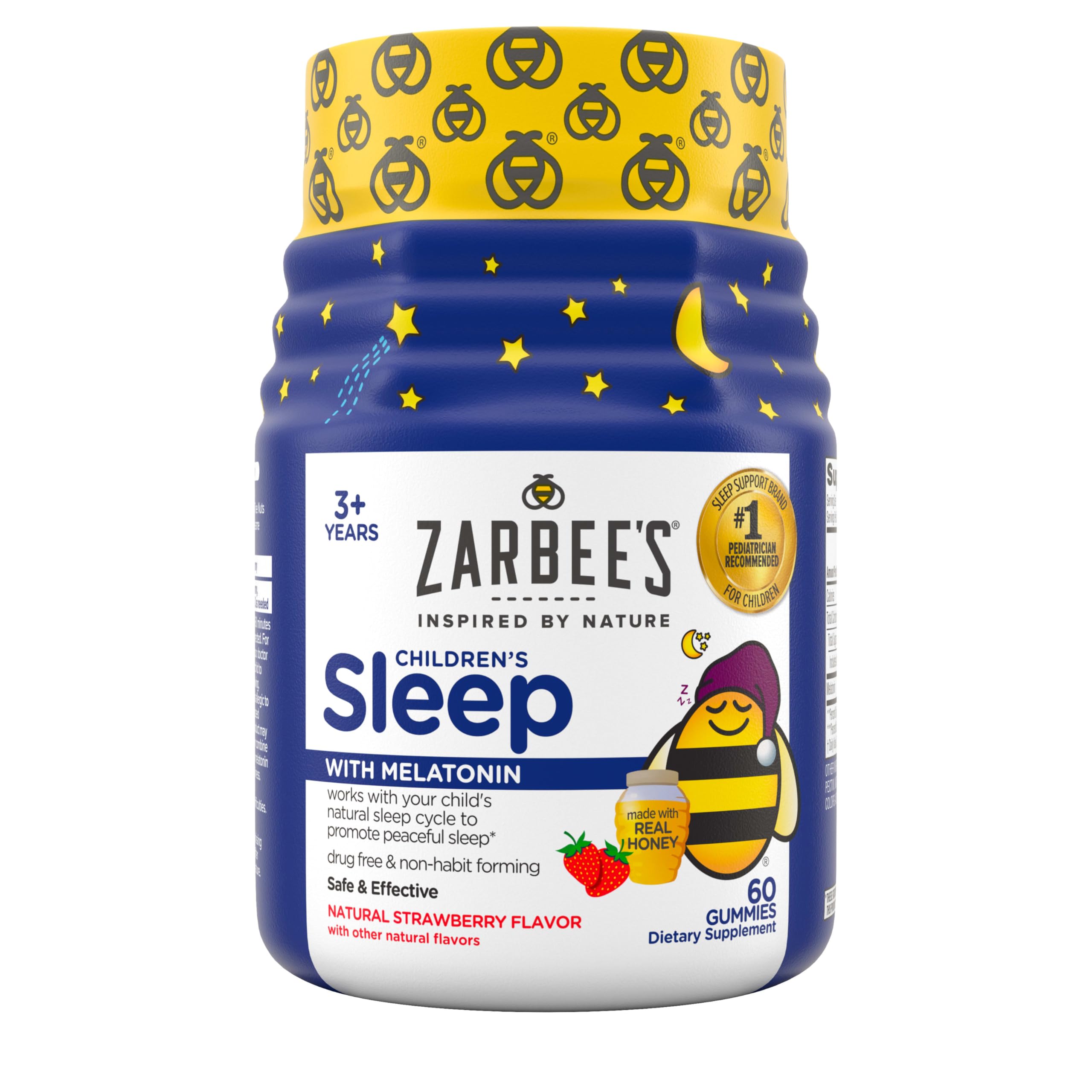 Zarbee's Kids Children's Sleep Gummies with Melatonin Supplement, Drug-Free Non-Habit Forming, Works with Natural Rest Cycles, Natural Strawberry, Ages 3+, 60 Gummies