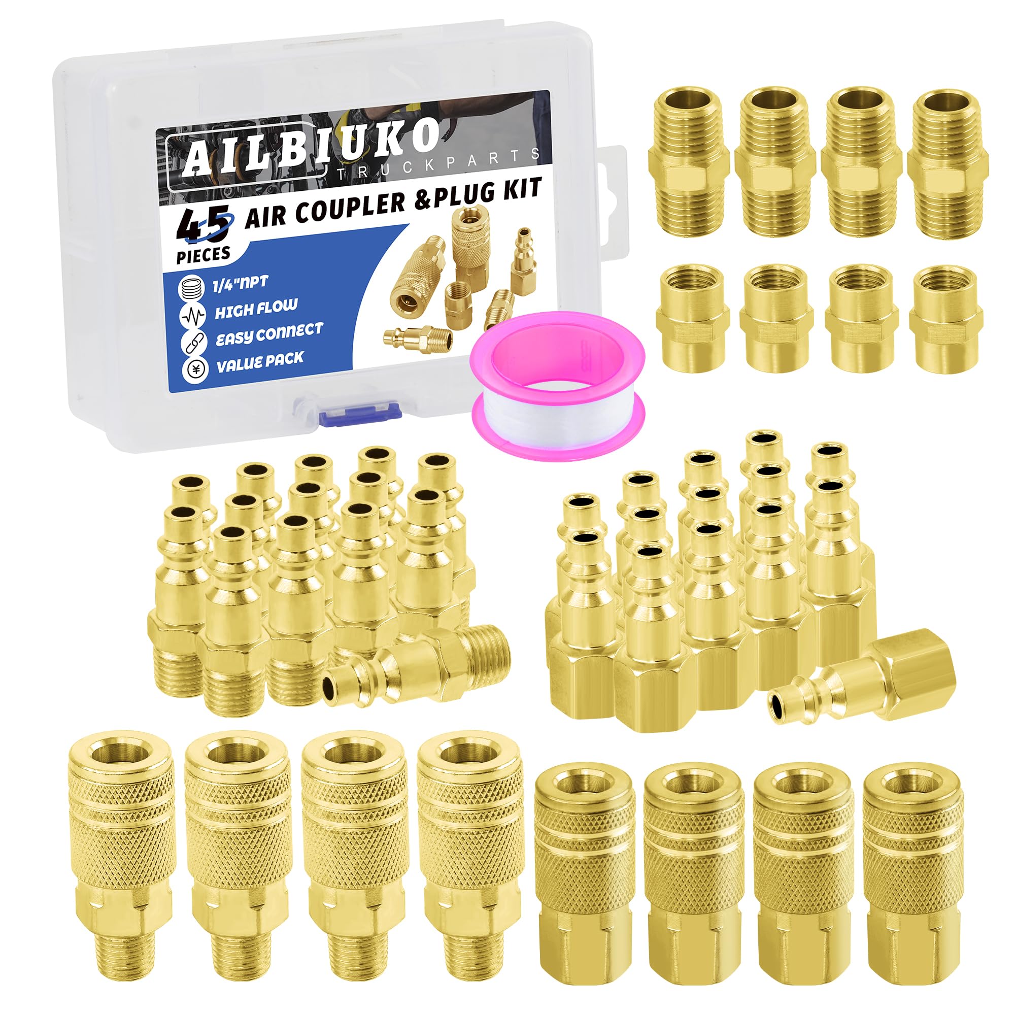 Ailbiuko Luftkupplung und Stecker-Set, 45-teiliges 1/4" NPT Druckluftwerkzeug-Set, Schnellkupplungen Druckluftschlauch Armaturen Luftkompressor Zubehör