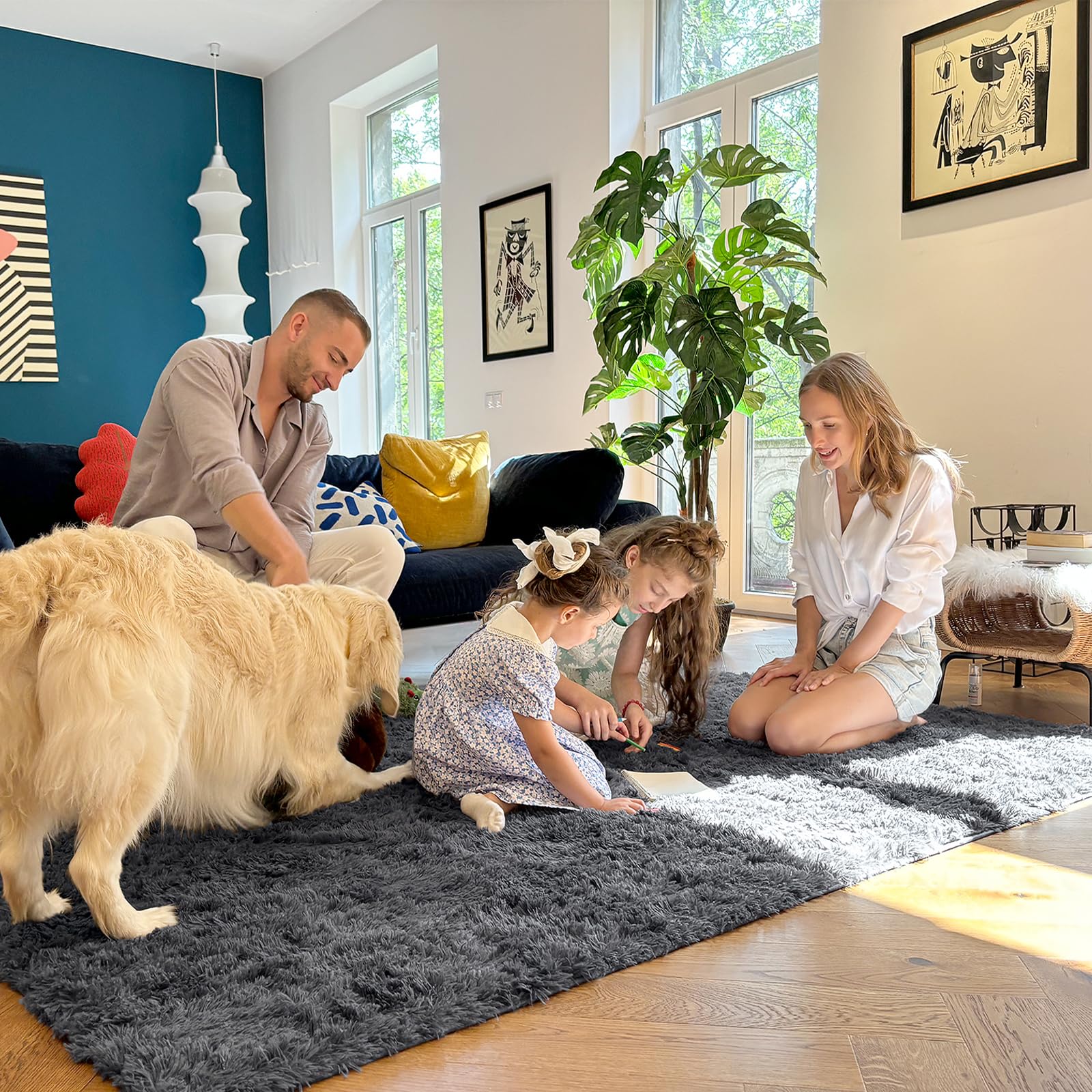 OLANLY Area Rugs for Living Room Bedroom, Machine Washable 4x5.9 ft Soft Fluffy Shaggy Bedside Rug, Indoor Floor Carpet for Kids Girls and Boys, Dorms, Nursery Rooms, Home Decor Aesthetic, Grey