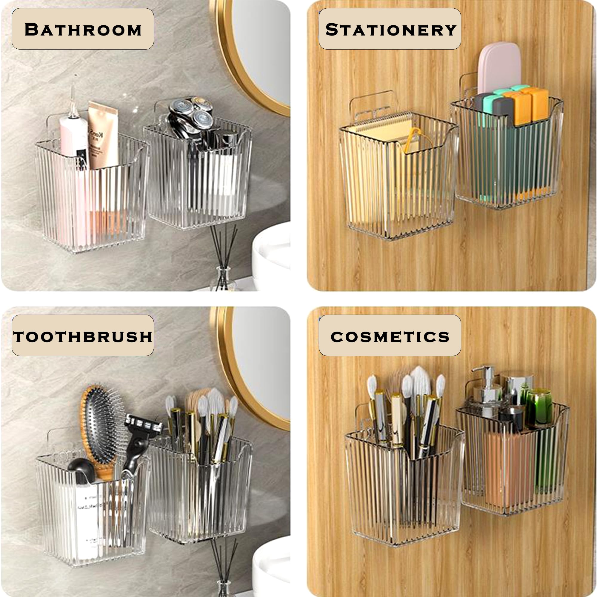 MZYIWUU 4 Pack Acrylic Wall Mount Organizer, Adhesive Cabinet Door Storage Bins, Clear Makeup Containers, Stackable Organizer Basket for Kitchen, Bathroom, Cabinet, Pantry, Office