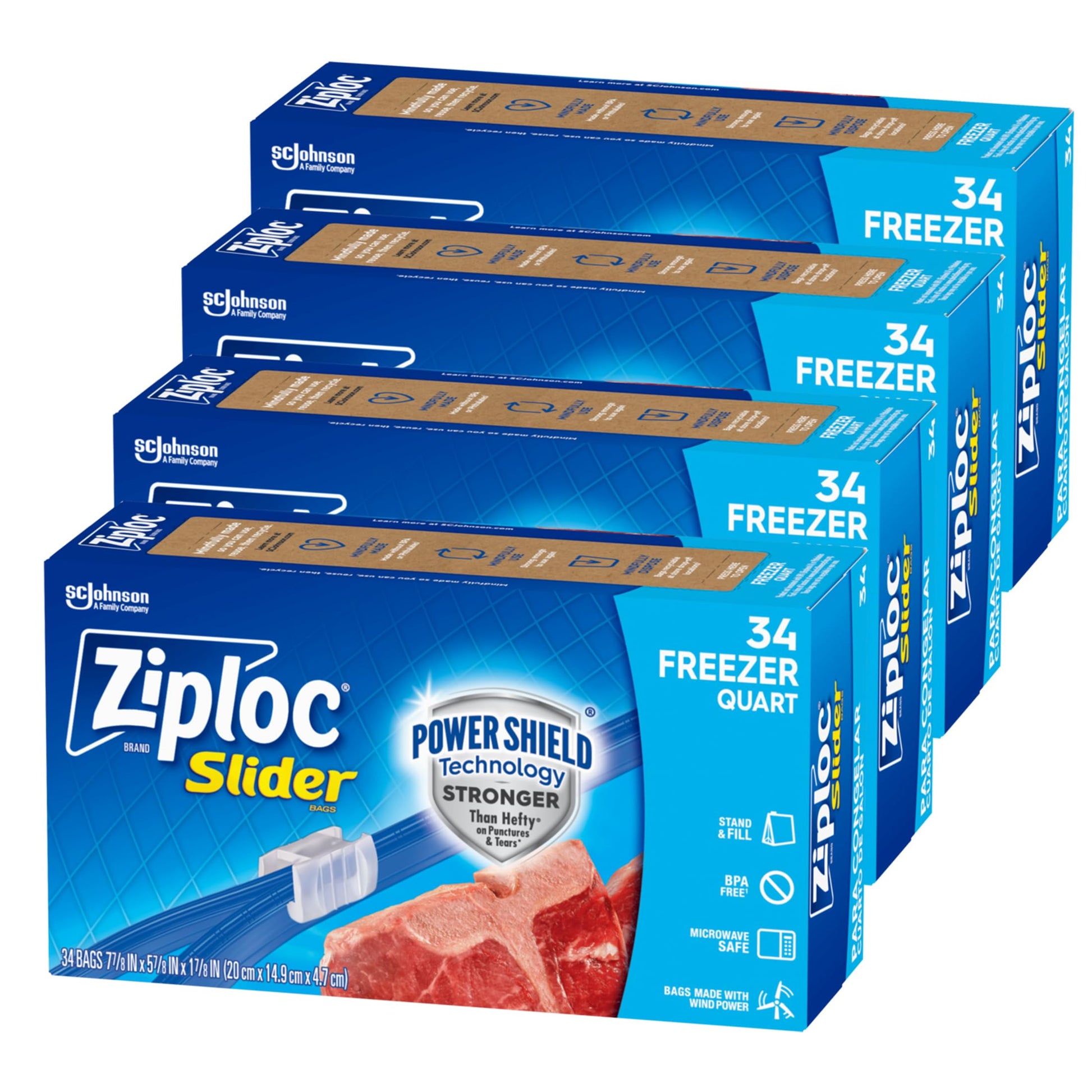 Ziploc Quart Food Storage Freezer Slider Bags, Power Shield Technology for More Durability, 34 count, 4 Pack, 136 Total (Packaging May Vary)