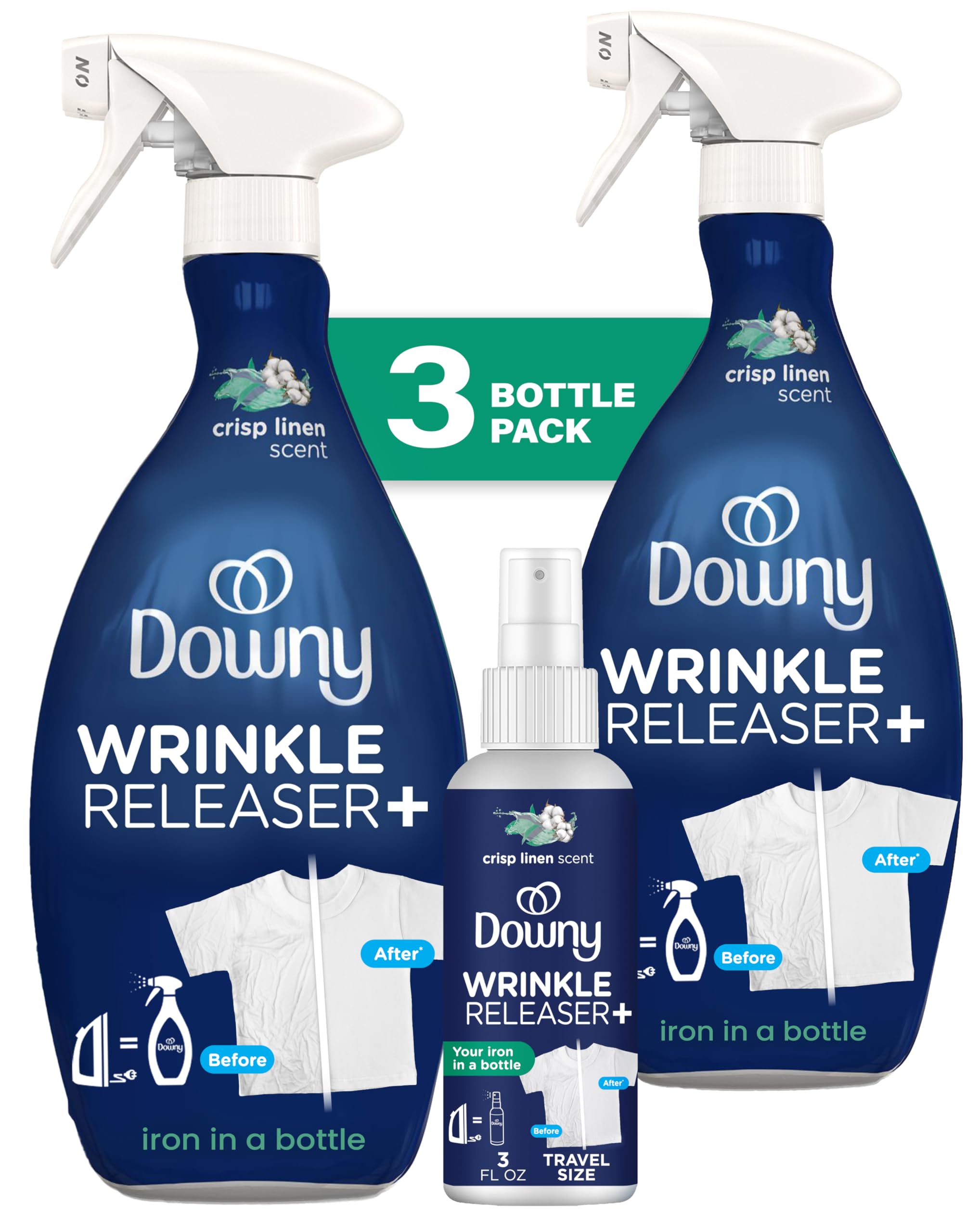 Downy Wrinkle Releaser Spray | All In One Wrinkle Release Spray, Odor Eliminator, Static Remover | Fabric Refresher & Ironing Aid for Clothes | 16.9 Fl Oz (Pack of 2) & 3 FL Oz, Crisp Linen Scent