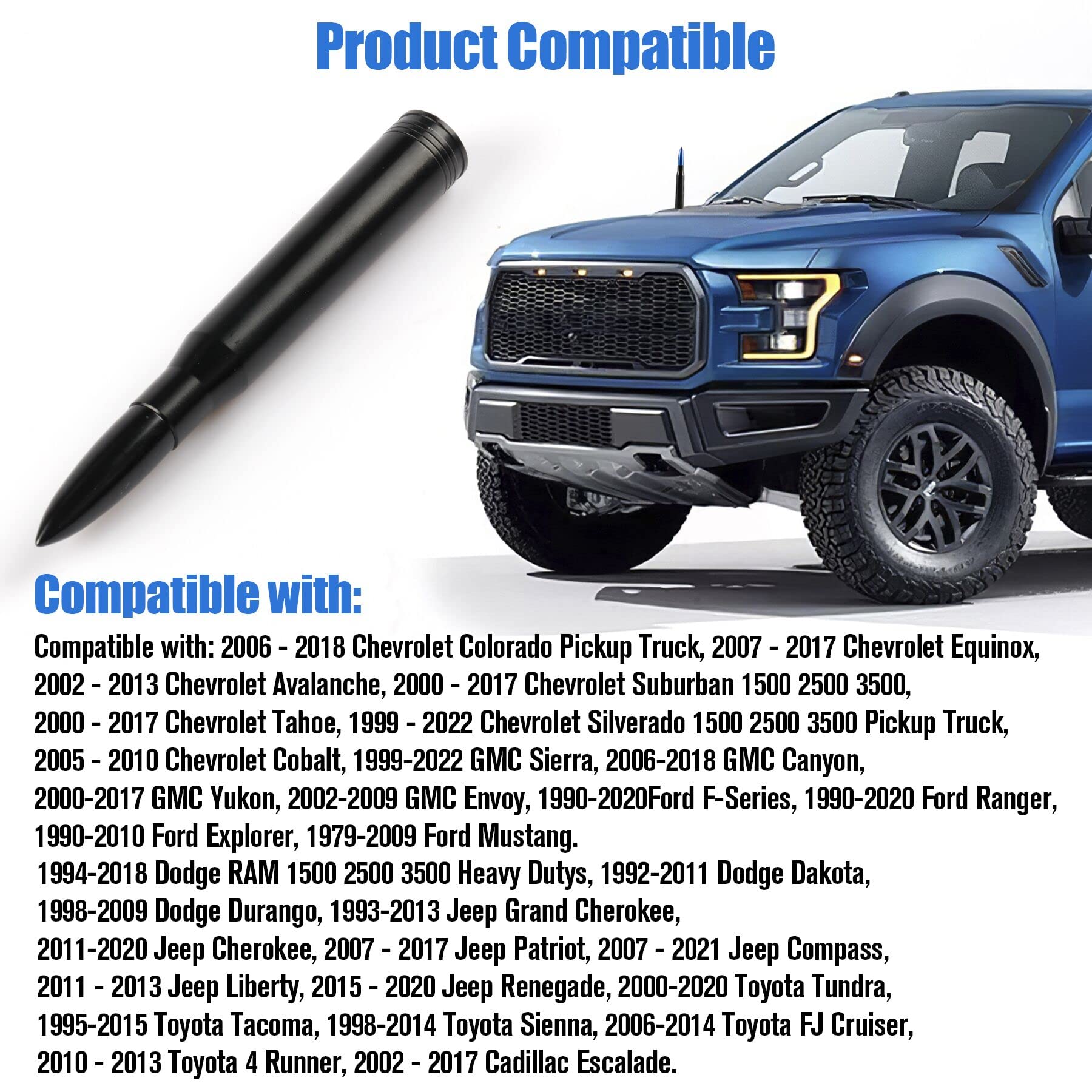 BJSIA Universal Car Antenna Replacement Compatible with Ford, Dodge, Chevrolet, GMC, Jeep, Toyota Truck Replacement Antenna - Made of Rugged Billet and Aluminum, Black, Car Accessories