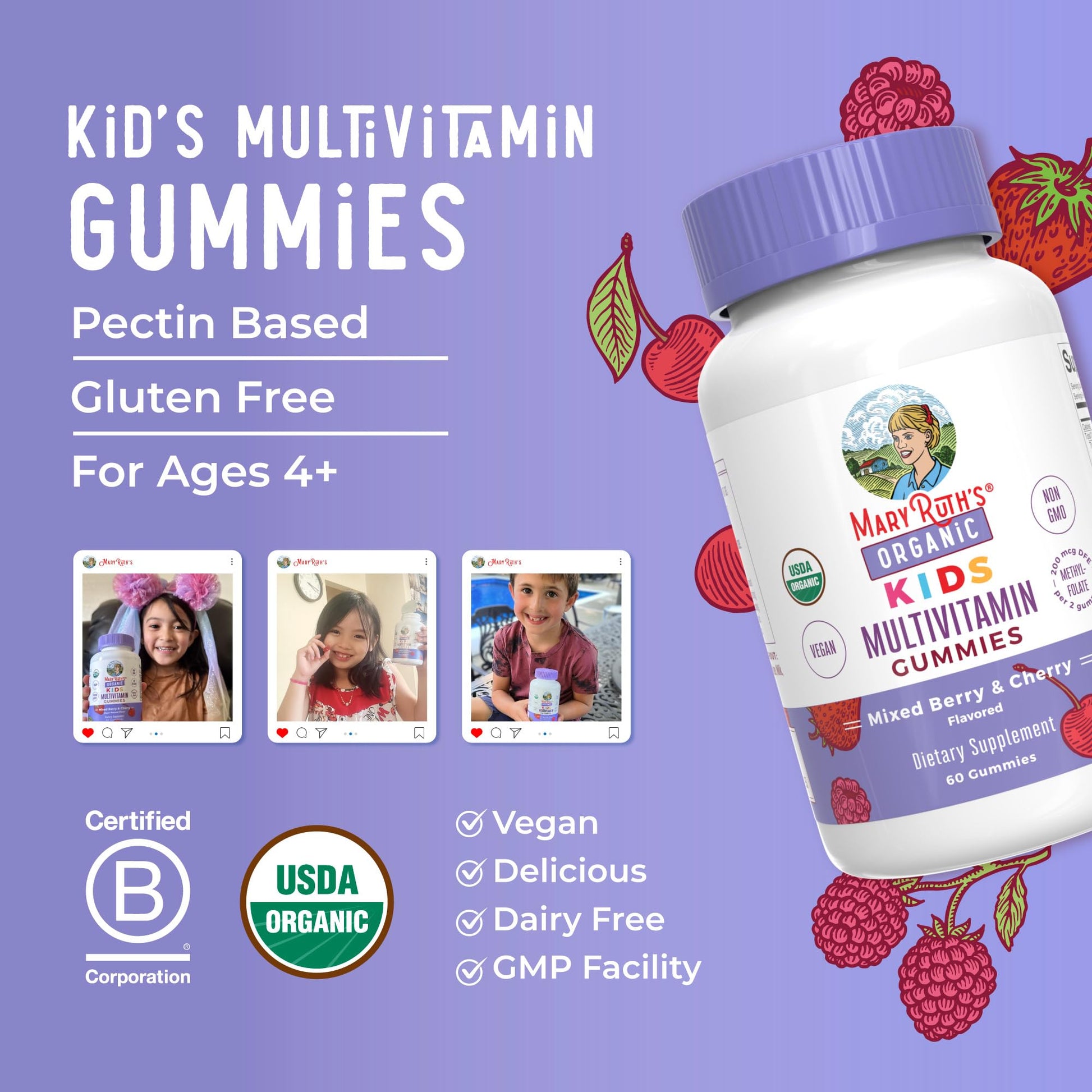 MaryRuth Organics Kids Vitamins | Multi | 1 Month Supply | Multivitamin Gummies for Ages 4+ | Multivitamin for Kids | Vegan | Only 2 Gummies a Day | 60 Count