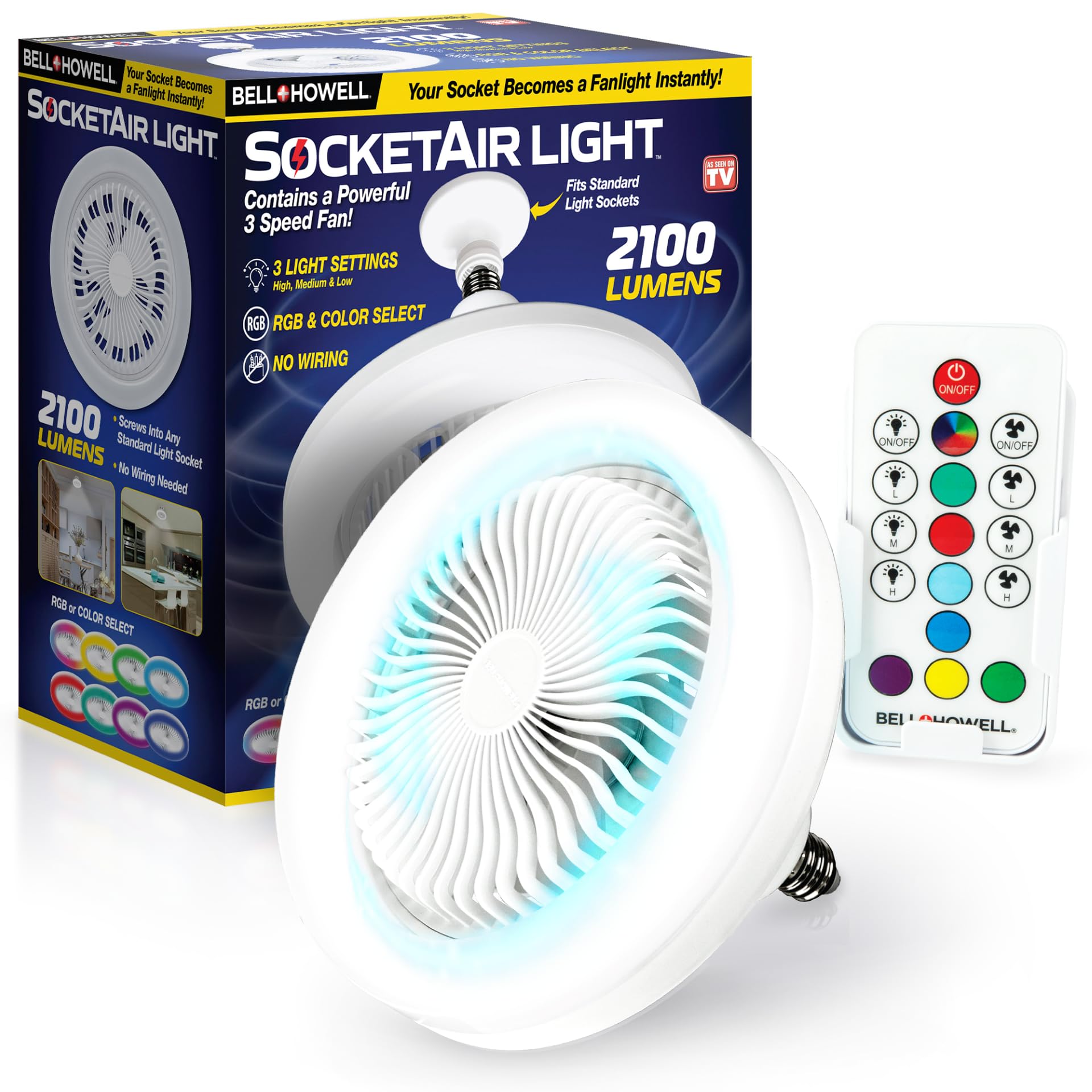 Bell+Howell SocketAir Kabelloser Deckenventilator mit Licht und Fernbedienung, Verlängerung, 110-120 Volt, 2100 Lumen, 3 Lüftergeschwindigkeiten, 3 Lichteinstellungen, 6500K für Wohn-, Ess- und Arbeitsbereiche ASON TV