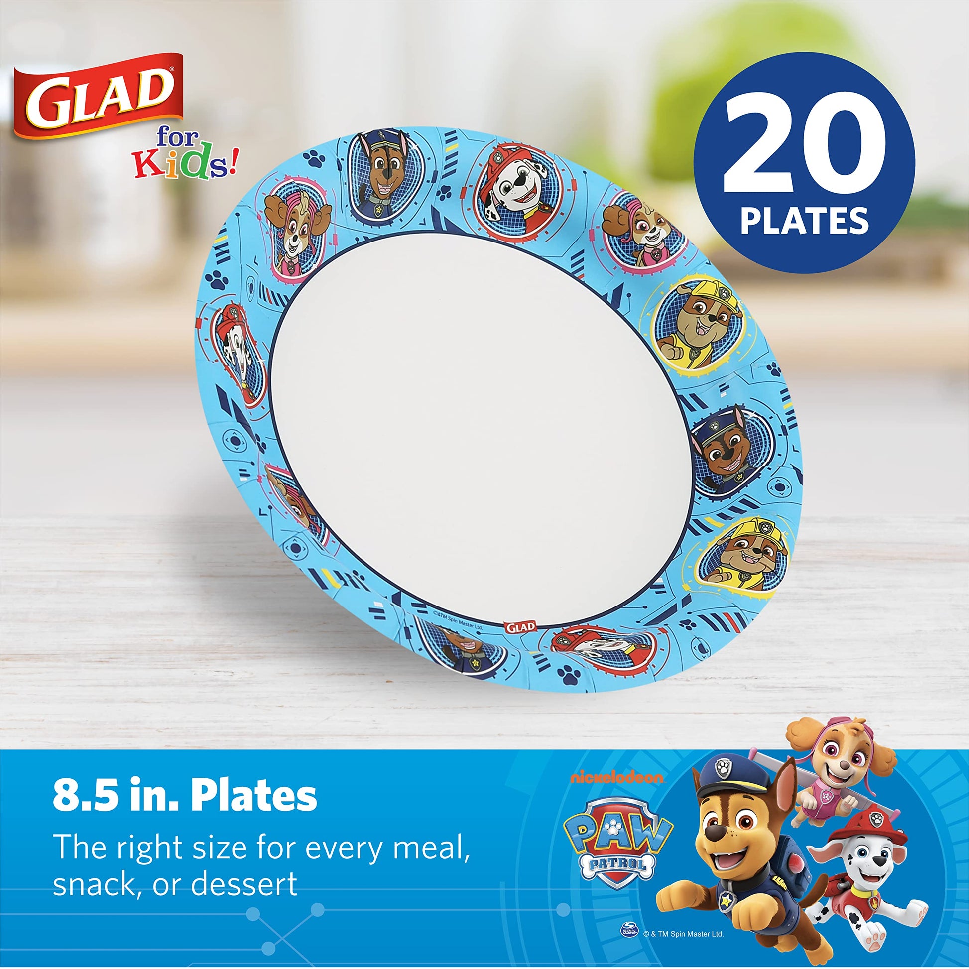 Glad for Kids Paw Patrol Round Disposable Paper Plates, Core Pups Blue - Heavy Duty, Soak Proof, Microwavable Plates for Everyday Use, 8.5 Inch, 20 Count