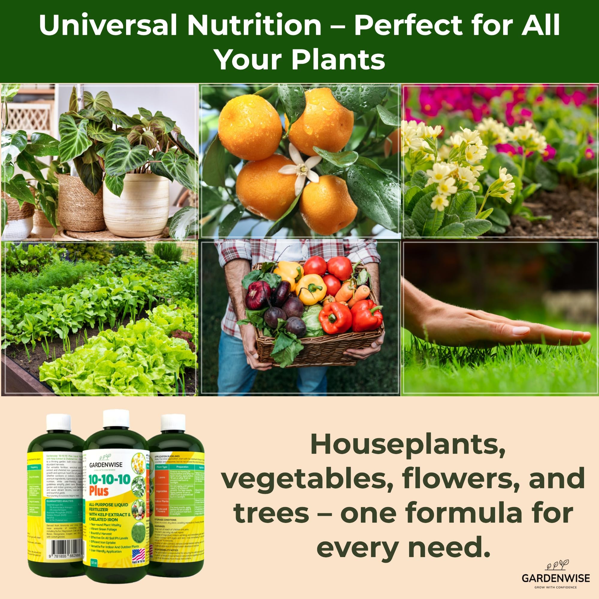 GARDENWISE 10-10-10 All Purpose Plant Food - Liquid Fertilizer with Seaweed Kelp & Iron - Indoor & Outdoor Plant Food, Vegetables, Flowers, Lawn & Garden 1x8oz