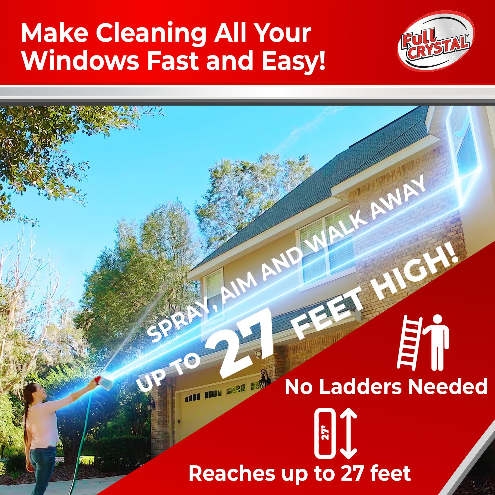 Full Crystal Window Cleaning Kit- 16 oz Glass Cleaner and Bottle with 27ft Reach will clean up to 80 Windows- Scrub Free, Rinse Free Glass Cleaner Spray Removes Dirt, Grime and Water Deposits
