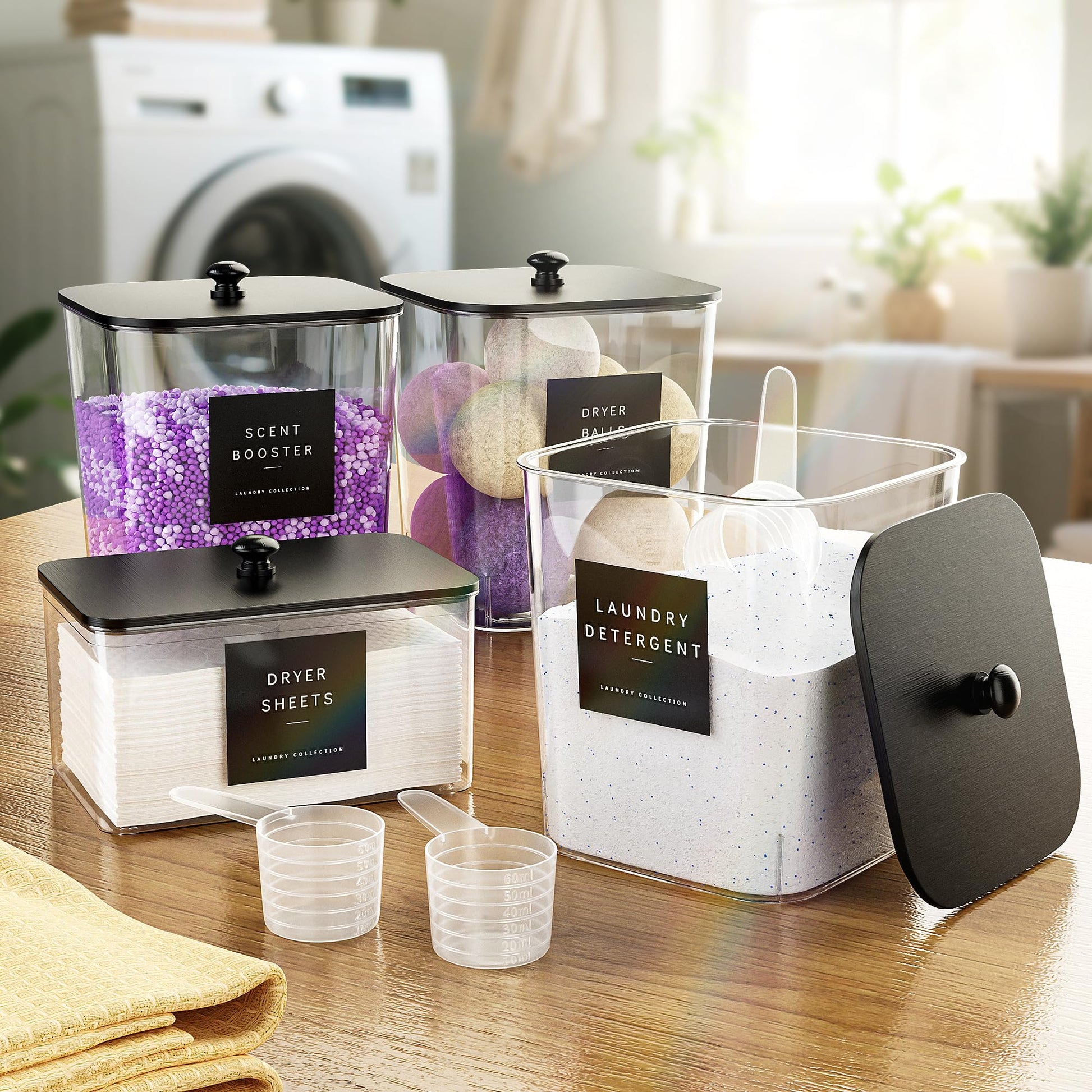 4 Pack Laundry Pods Container, Clear Laundry Room Organization Containers,Large Laundry Detergent Powder Storage Containers Black Wooden Lids & Labels, Acrylic Laundry Pods Holder for Scent Booster