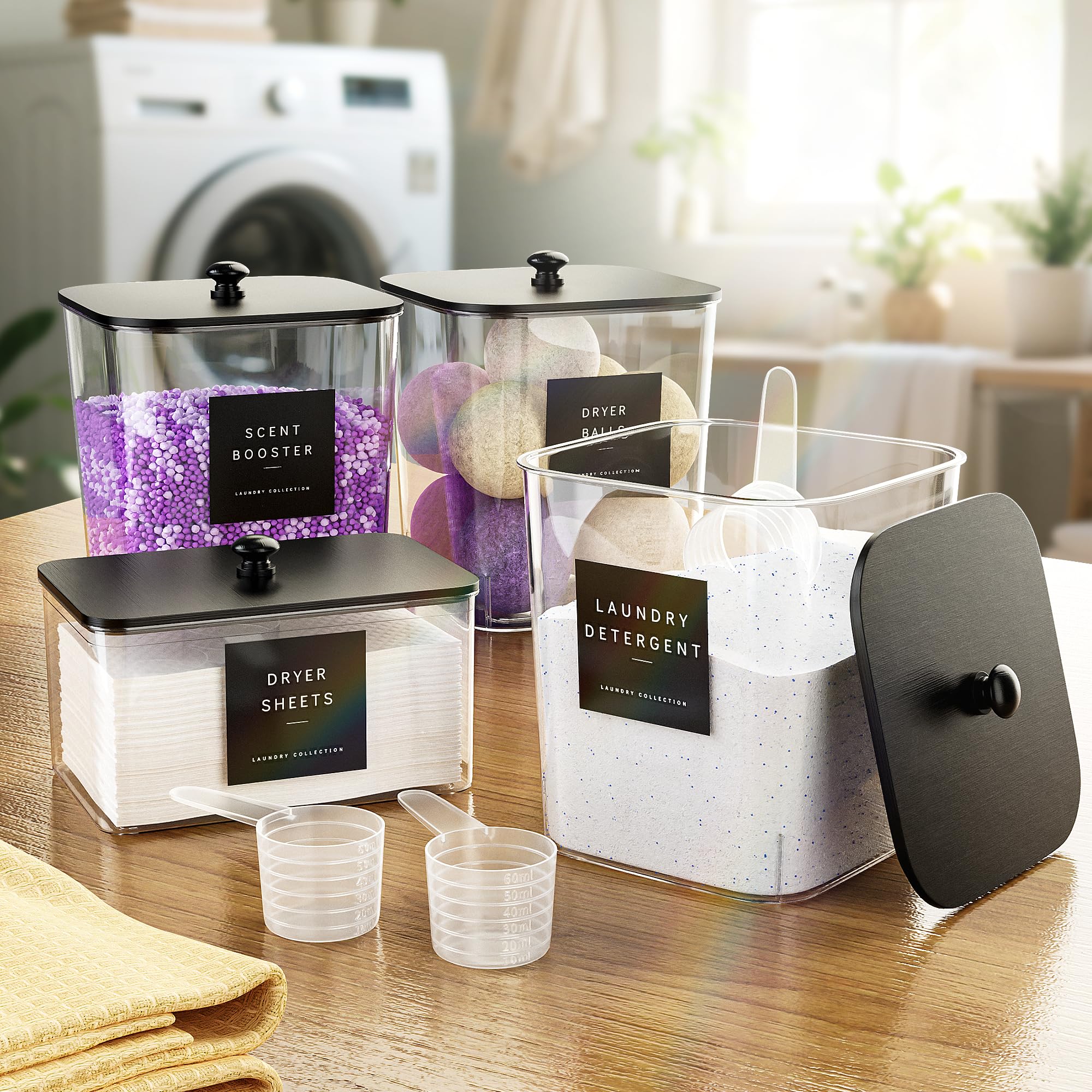 4 Pack Laundry Pods Container, Clear Laundry Room Organization Containers,Large Laundry Detergent Powder Storage Containers Black Wooden Lids & Labels, Acrylic Laundry Pods Holder for Scent Booster