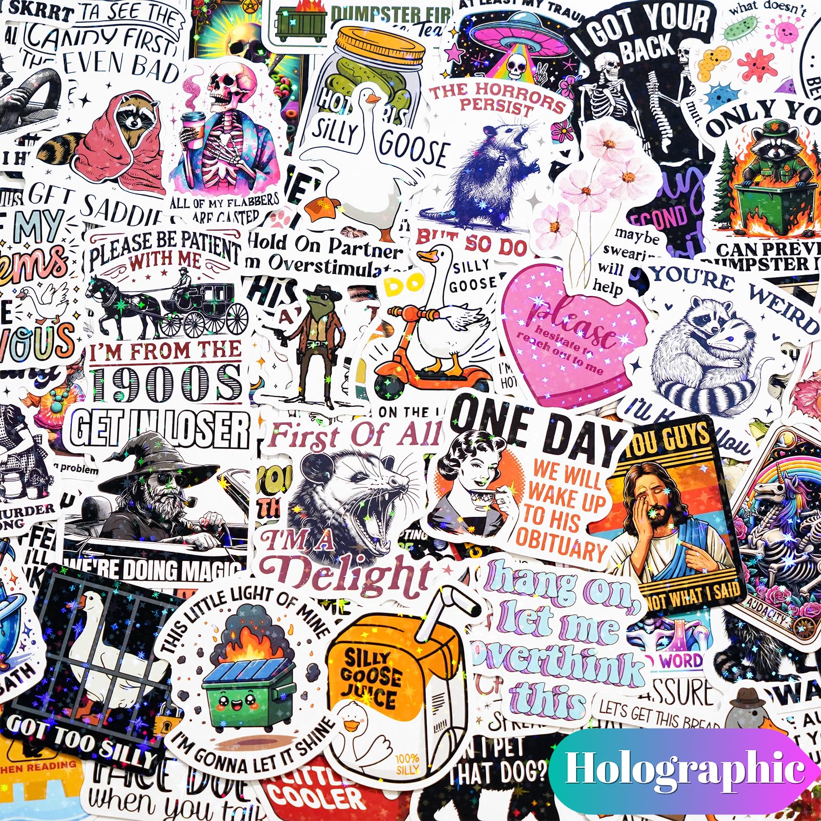 200 PCS Funny Holographic Stickers for Adults, Waterproof Vinyl Sarcastic Meme Decals for Laptop, Water Bottle, Phone, Kindle, Journal, Scrapbook, Bumper, Skateboard, Luggage, No Repeats