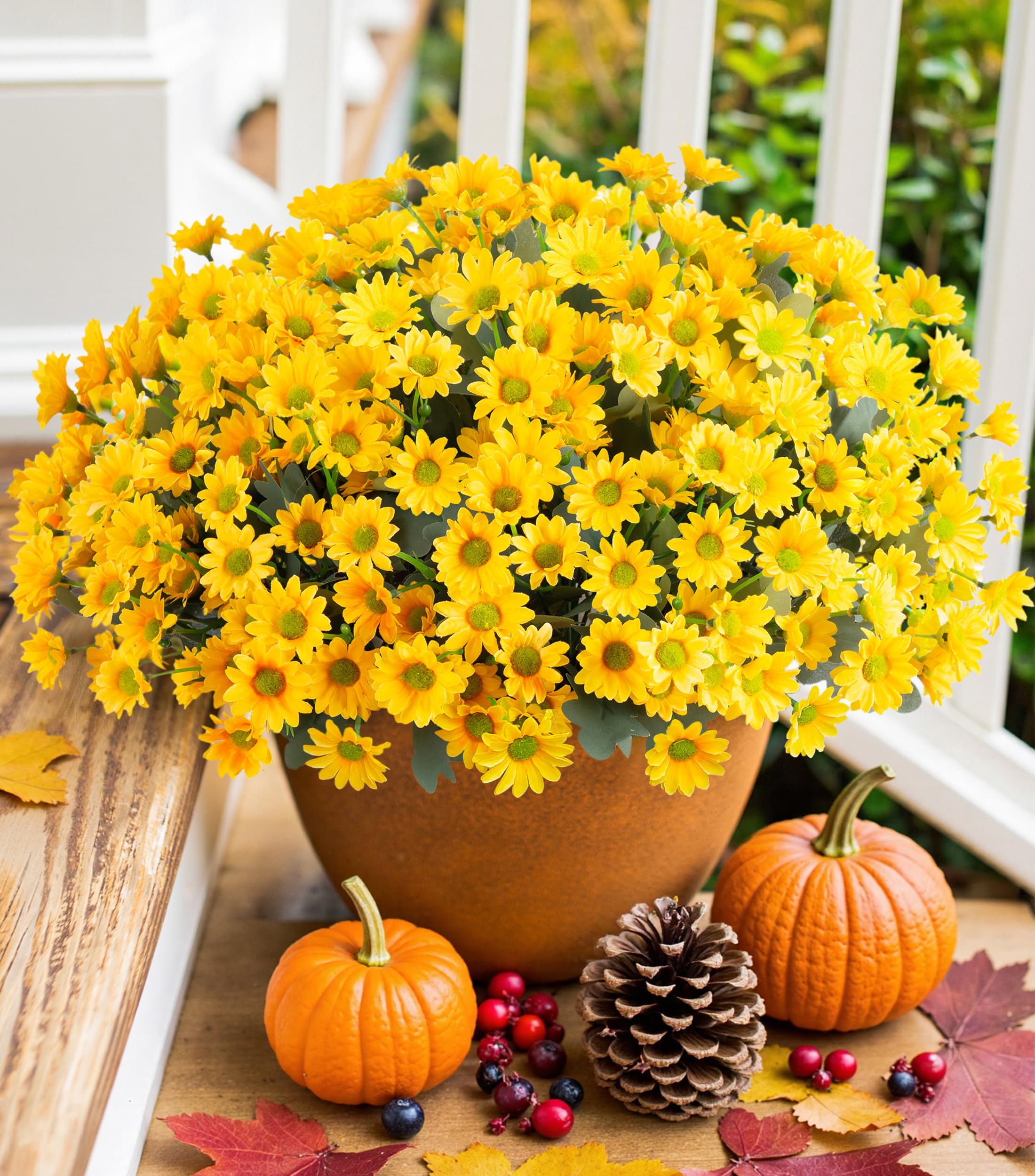 Gänseblümchen Künstliche Blumen für Draußen Herbstdekoration, 6 Bündel gefälschte Chrysanthemen gelbe Seidenblumen für Außen, sehen echt aus, UV-beständige Kunstblumenpflanzen für Pflanzgefäße, Haustür, Haus, Innenveranda