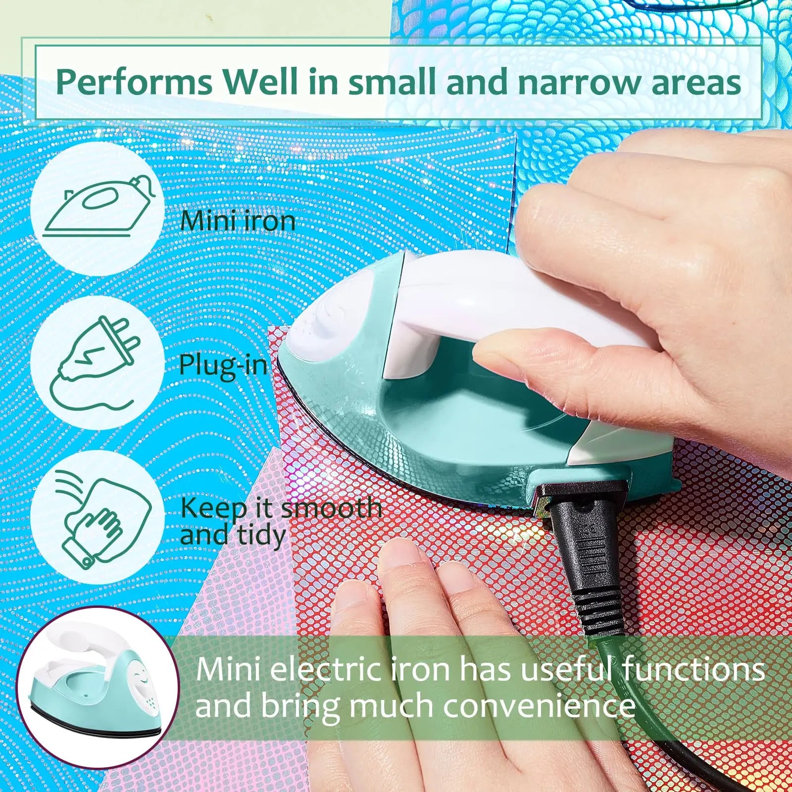 Honoson Mini Craft Iron Mini Heat Press Small Iron Portable Handy Tiny Flatiron with Charging Base Accessories for Fuse Beads Patch DIY Shoes T-Shirts Heat Transfer Vinyl Projects(Mint Green)