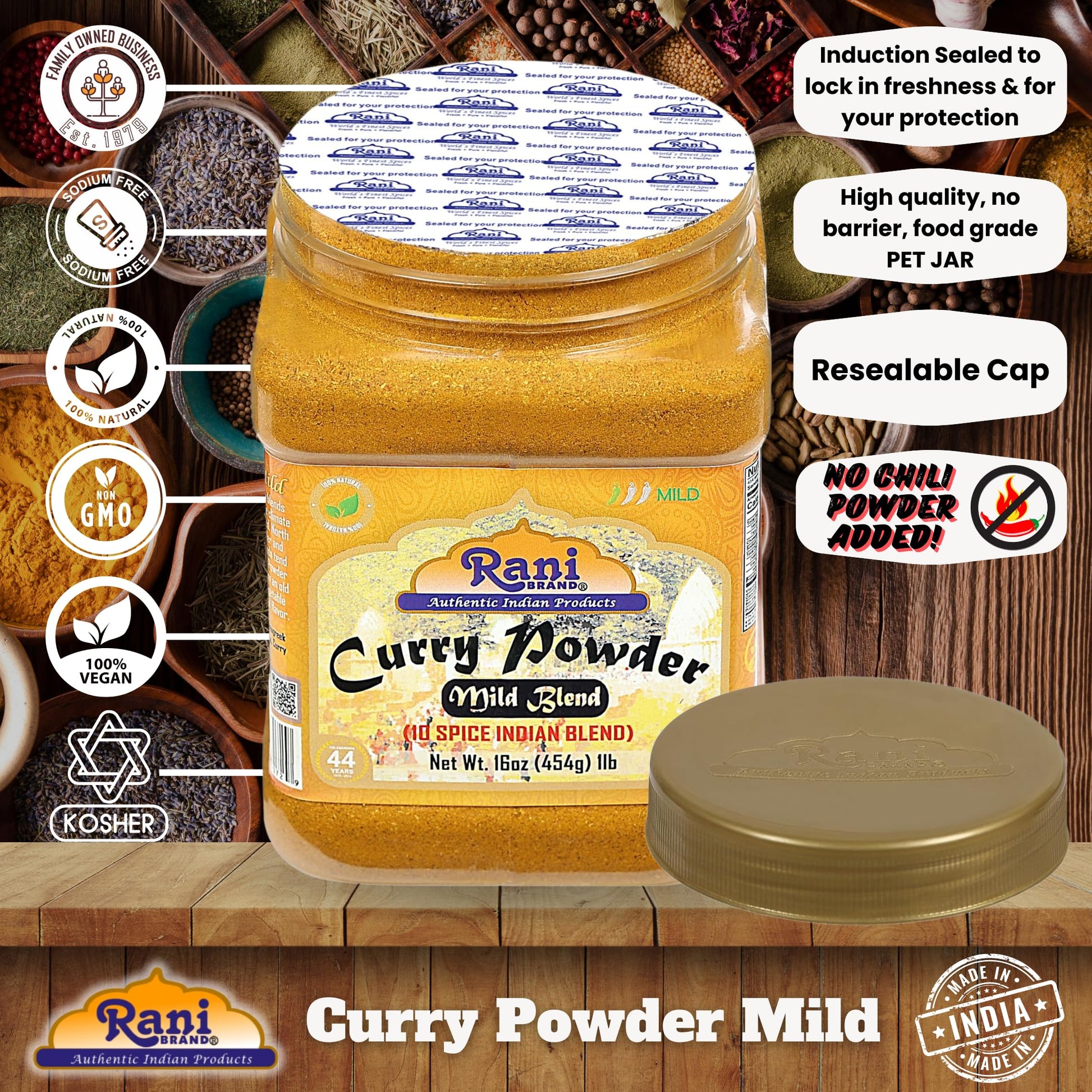 Rani Curry Powder Mild (10-Spice Authentic Indian Blend) 1lb (454g) PET Jar ~ All Natural | Salt-Free | NO Chili or Peppers | Vegan | No Colors | Gluten Friendly | NON-GMO | Kosher | Indian Origin