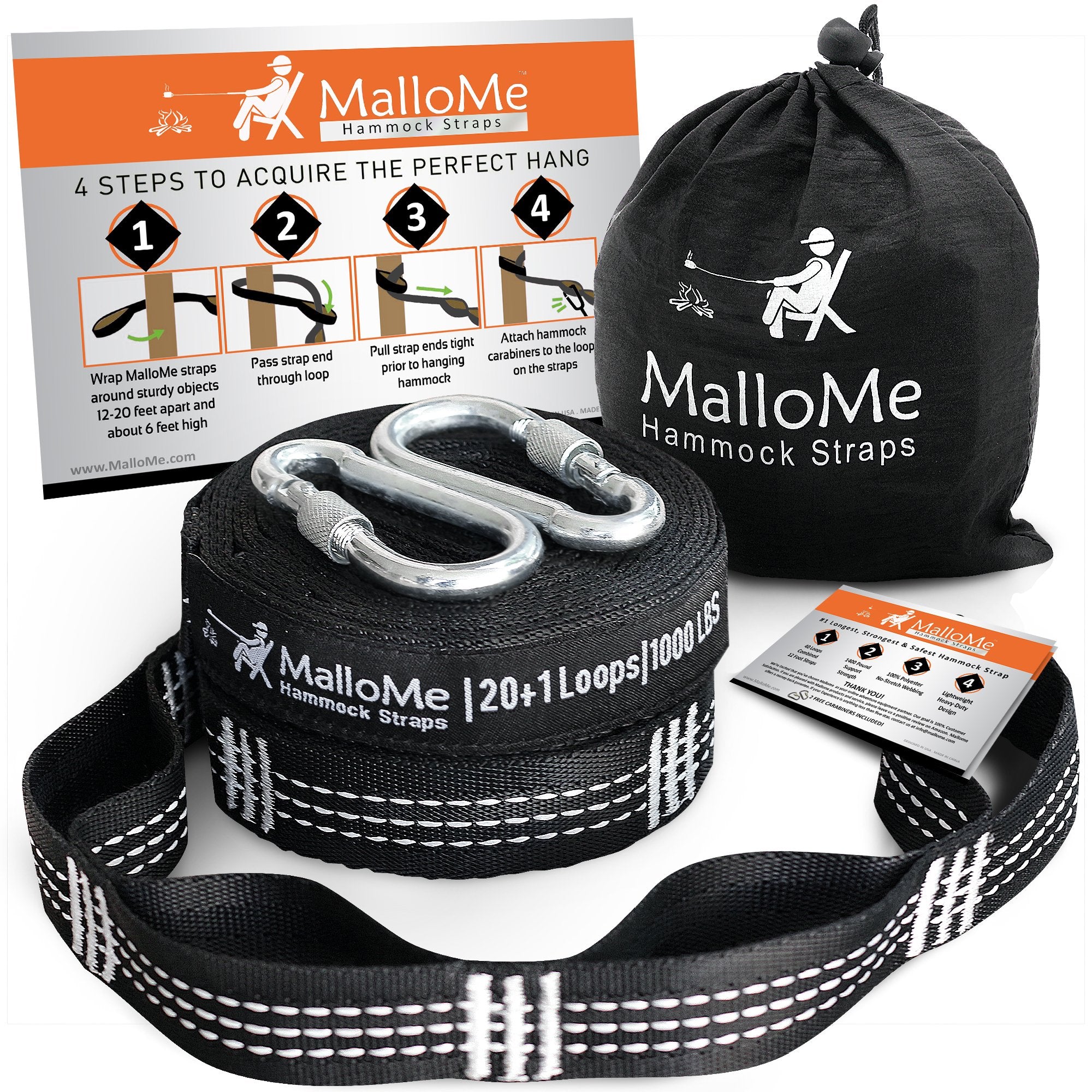 MalloMe XL Hängematten-Baumgurte – Hängematten-Baumgurte, Set über 900 kg, strapazierfähig, 40 Schlaufen und 100 % dehnungsfreies Aufhängungssystem-Kit – Hängemattenzubehör für Camping | 2 Karabiner | 3,6 m, Schwarz