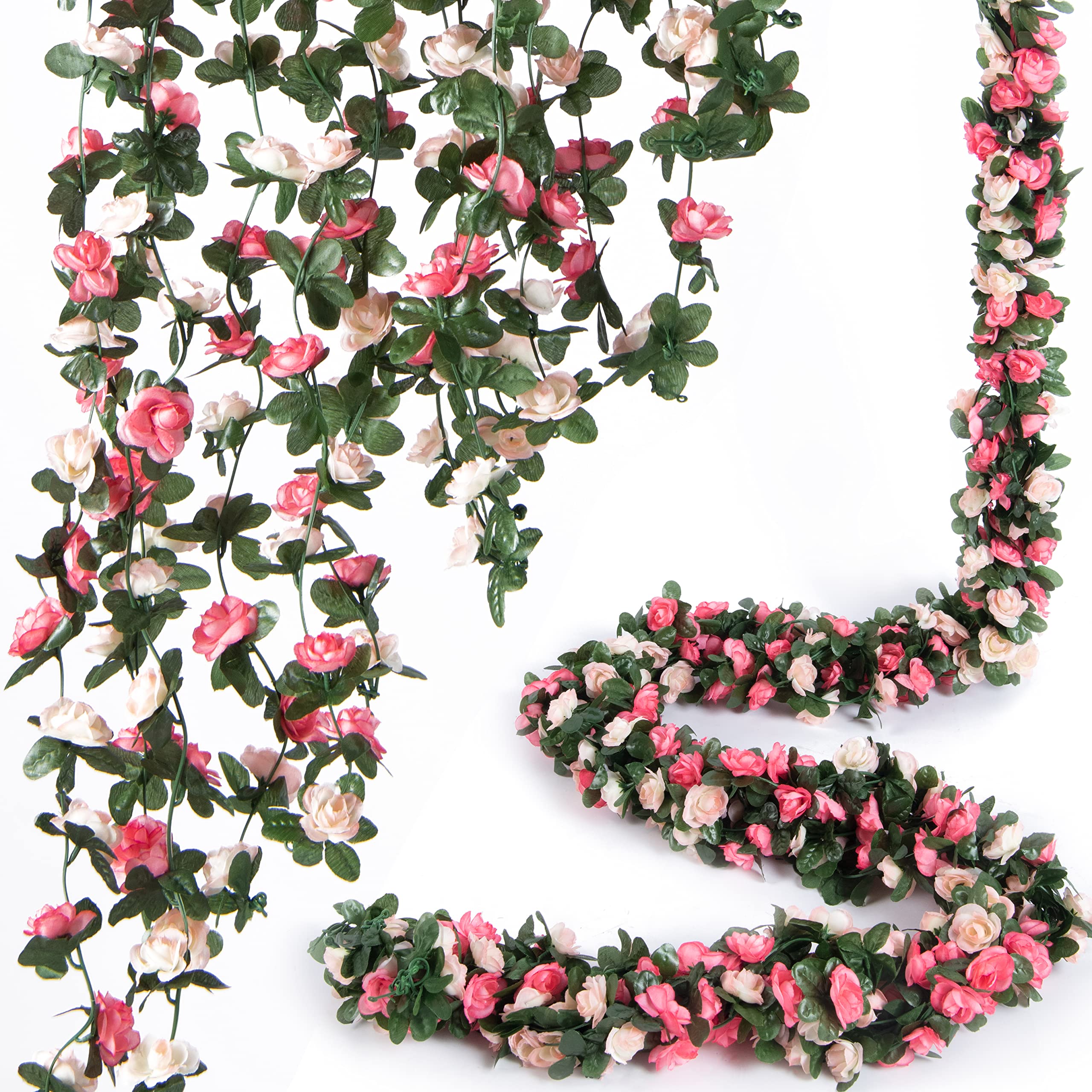PONKING 8 Stück x 2,5 m Blumengirlande, künstliche Rosenranken mit grünen Blättern, hängende unechte Rosenranken für Zimmer, Party, Zuhause, Hochzeit, Geburtstag, Weihnachten, Wand-, Bogen-Dekor, frühlingsrosa Blume