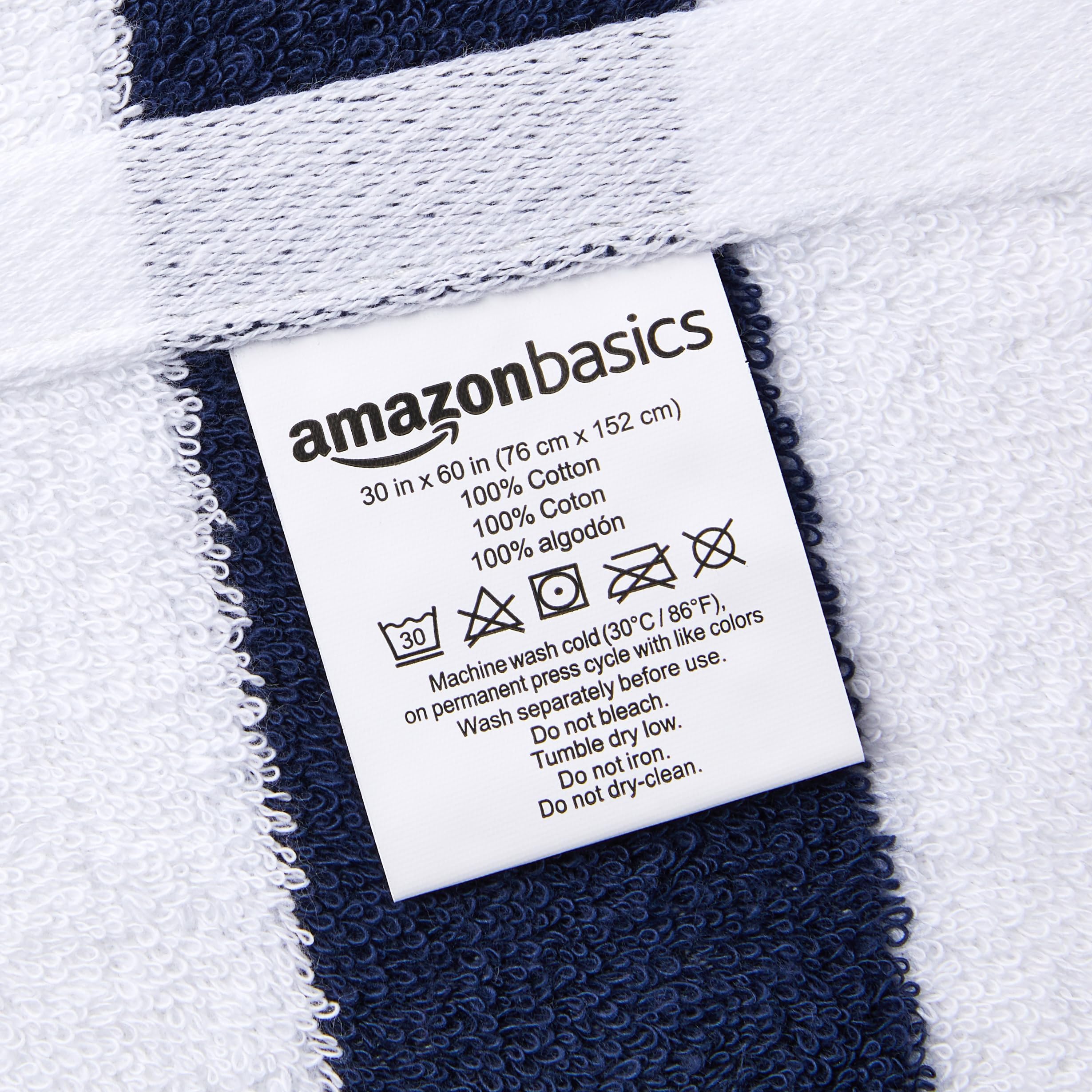 Amazon Basics 100% Cotton Terry Absorbent Cabana Stripe Pool & Beach Towels, Soft, Large, and Thick, 2-Pack, Navy Blue, 30 in x 60 in