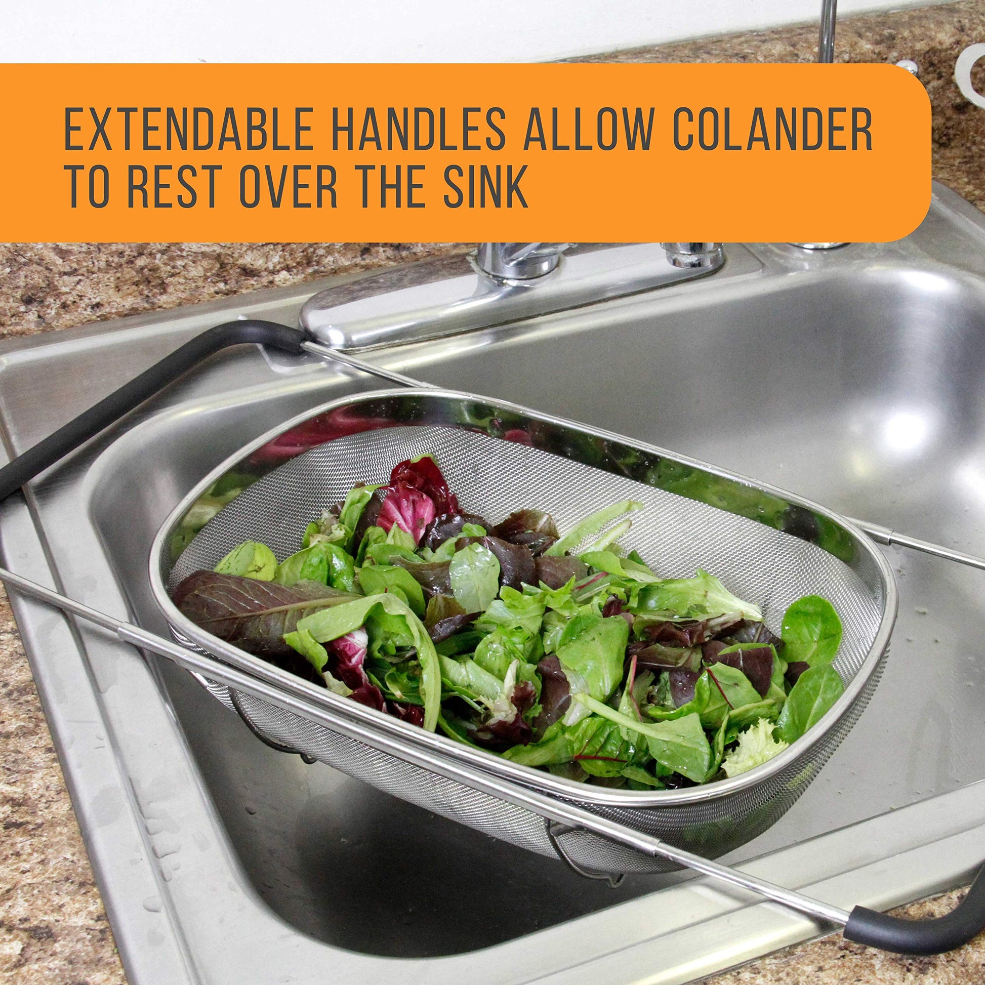 U.S. Kitchen Supply Stainless Steel Colander Strainer - 6-Quart Collapsible Colander with Expandable Rubber Handles - Rectangular Sieve, Fine Mesh Stainless Steel Strainers and Colanders for Kitchen