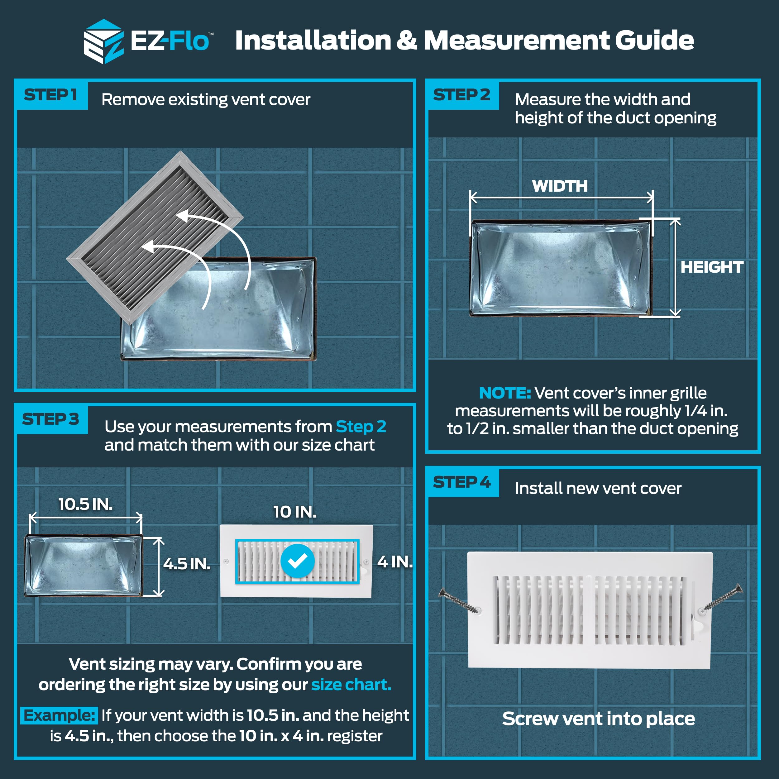 EZ-FLO 10 x 4 Inch (Duct Opening) Air Vent Cover for Wall or Ceiling, Two-Way Ventilation Register, Solid Steel HVAC Register Cover, White, 61609