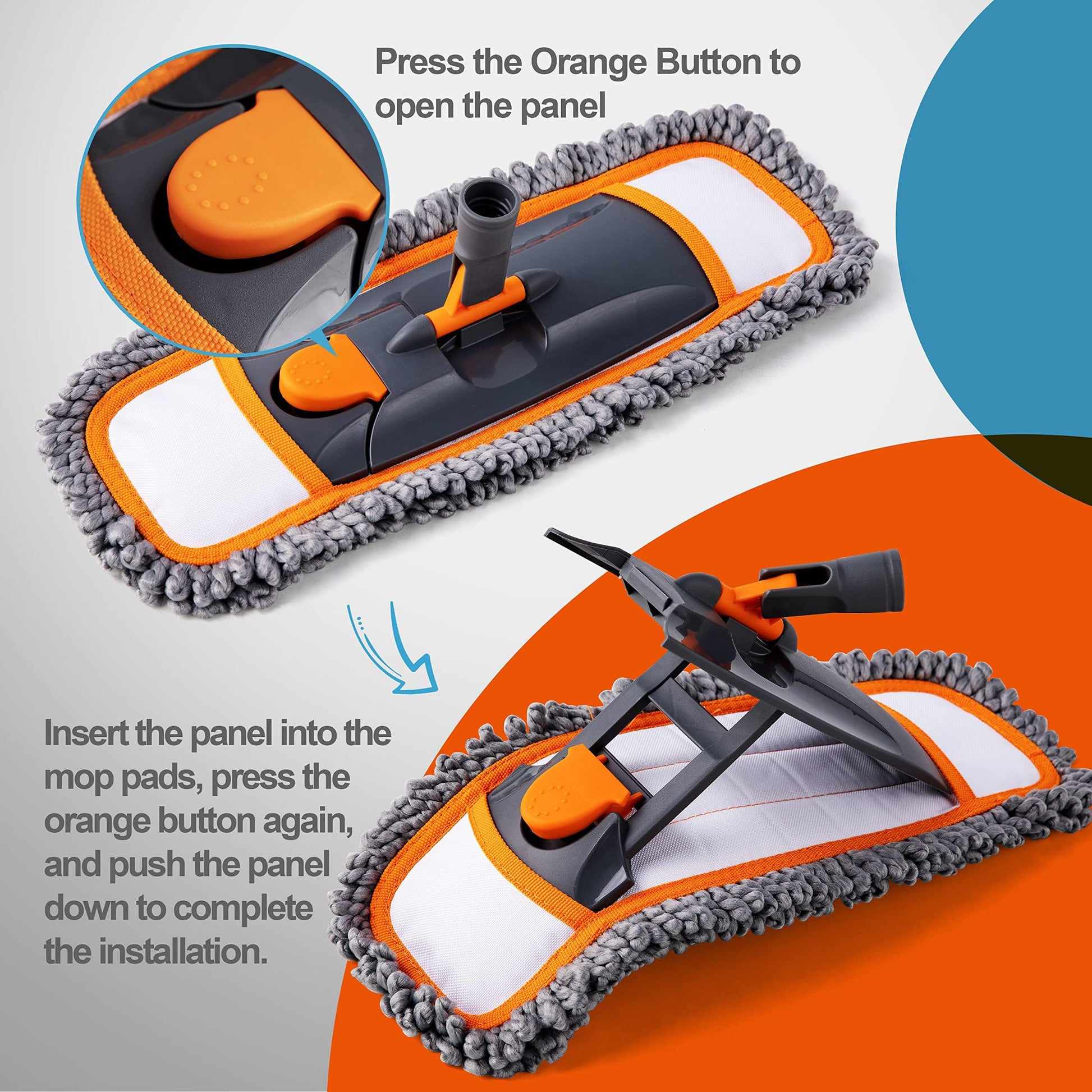 CLEANHOME Mops for Floor Cleaning with 3 Different Washable Pads and Extendable 55” Long Handle, Multifunction Dust Mop for Hardwood,Marble,Tile Floor Mopping,Orange