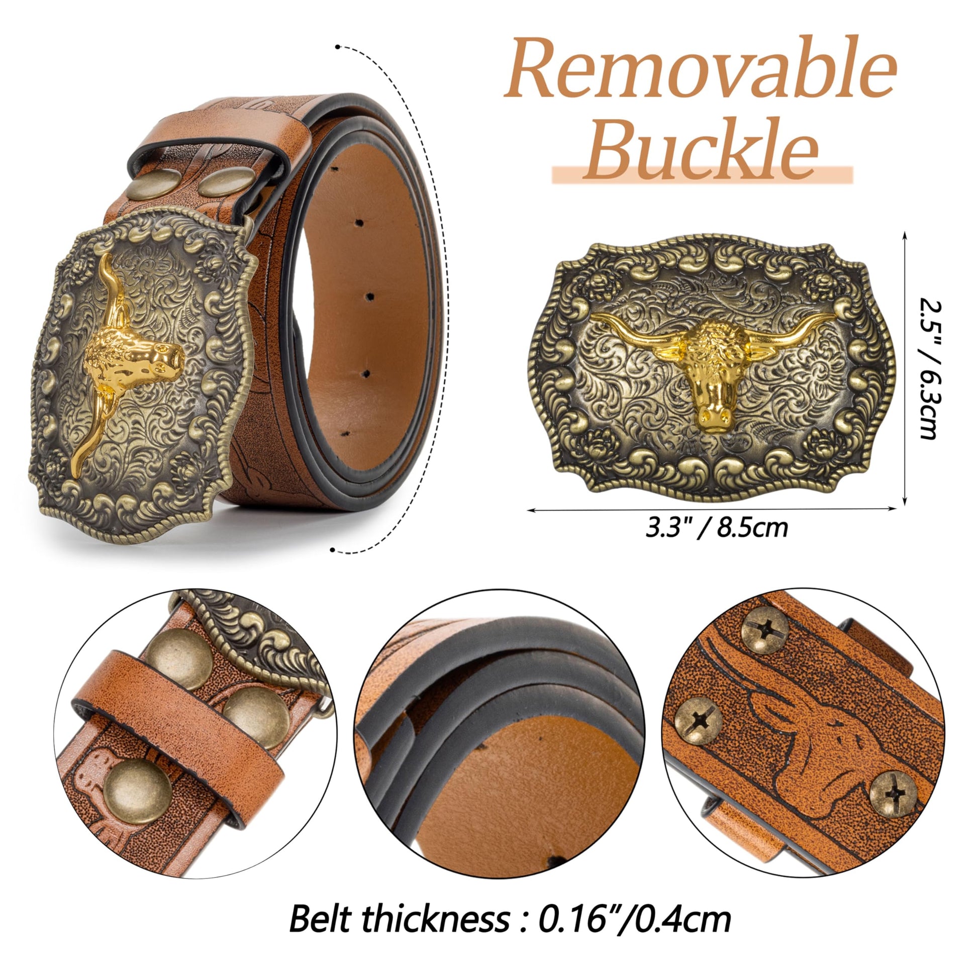 Western Cowboy PU Leather Belt - Men Waist Strap Bull Decoration Floral Engraved for Jeans 31" to 34" Waist