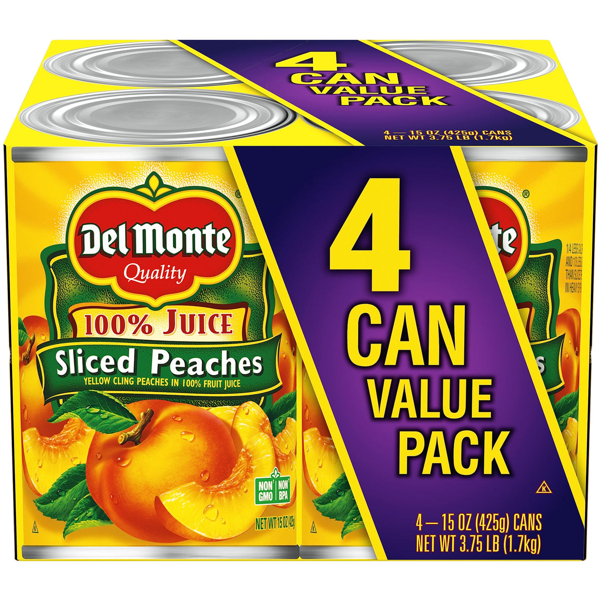Del Monte Gelbe Pfirsichhälften in 100% Saft, 425g Dosen (4er-Pack)