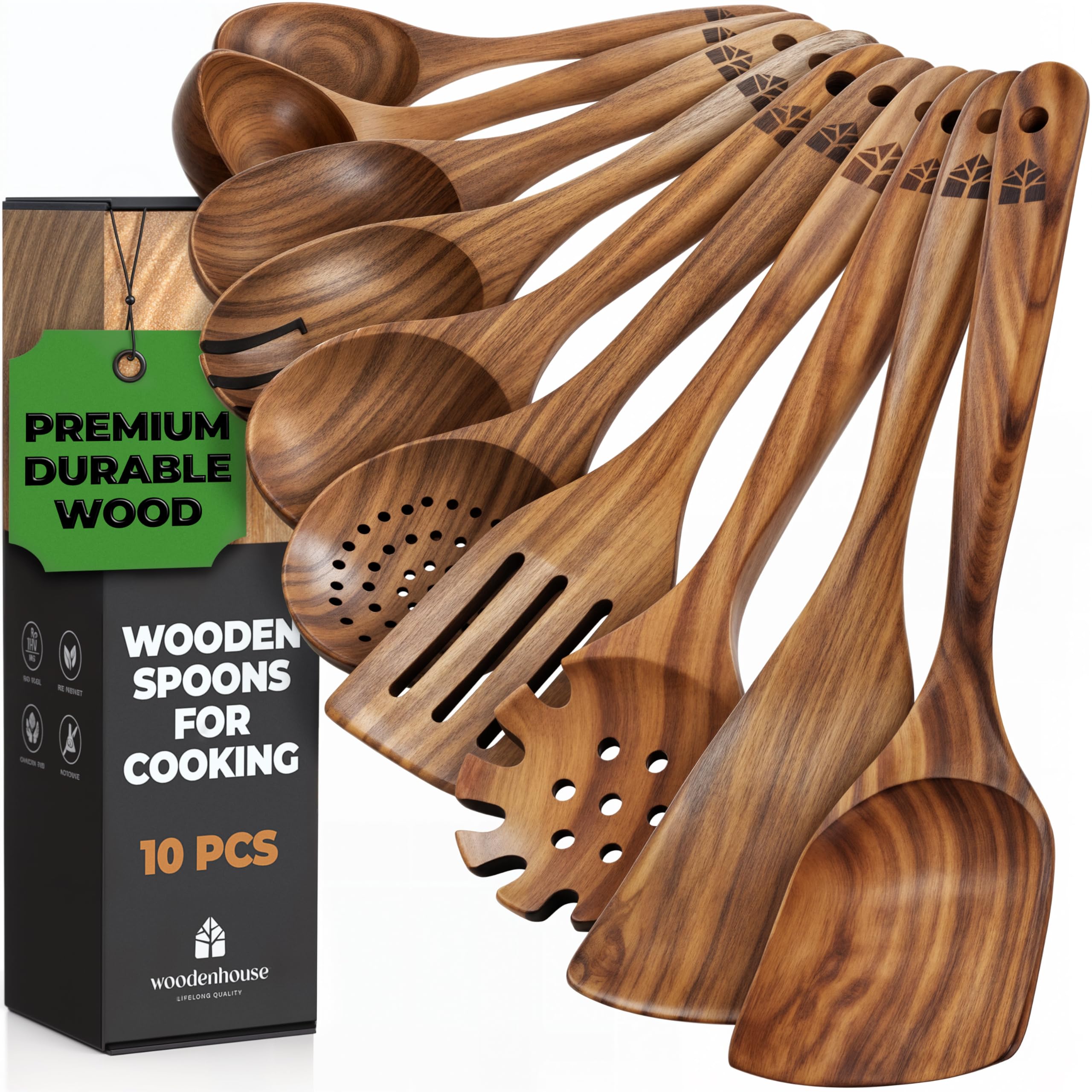 Wooden Spoons for Cooking, 10 Pcs Wooden Cooking Utensils Set - Wooden Utensil Set for Nonstick Pans & Cookware - Teak Wood - Sturdy, Lightweight & Heat Resistant