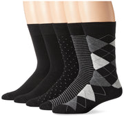 Amazon Essentials Mens Comfortable Patterned Dress Socks, 5 Pairs, Black/Dots/Plaid/Stripe, Size 8-12