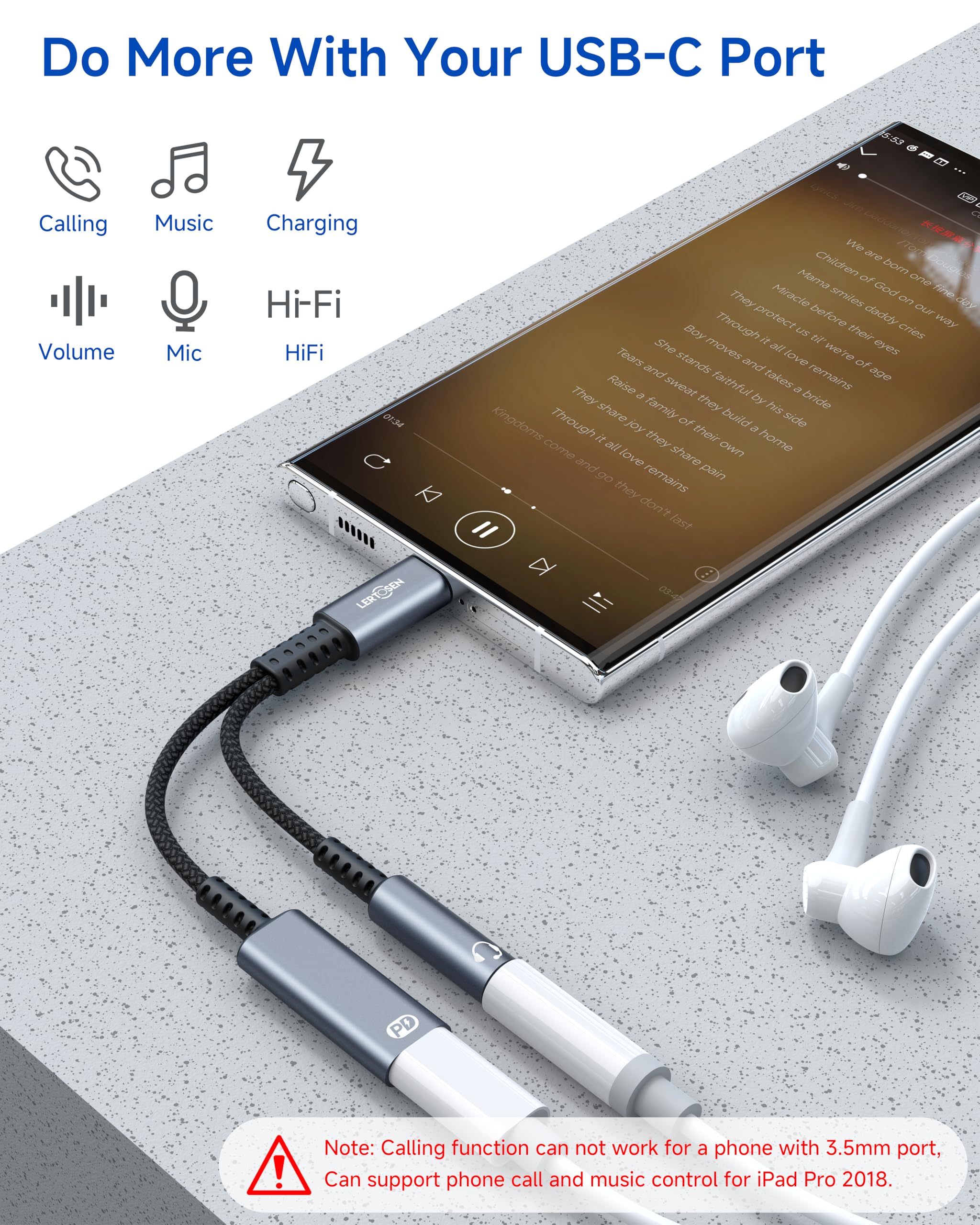 LERTOSEN USB C to 3.5mm Headphone and Charger Adapter, 2 in 1 USB C to Aux Audio Jack with PD Fast Charging Dongle Cable Cord for Phone 16 15 Pro Max Samsung Galaxy S25 S24 S23 Pixel Ultra,iPad Pro