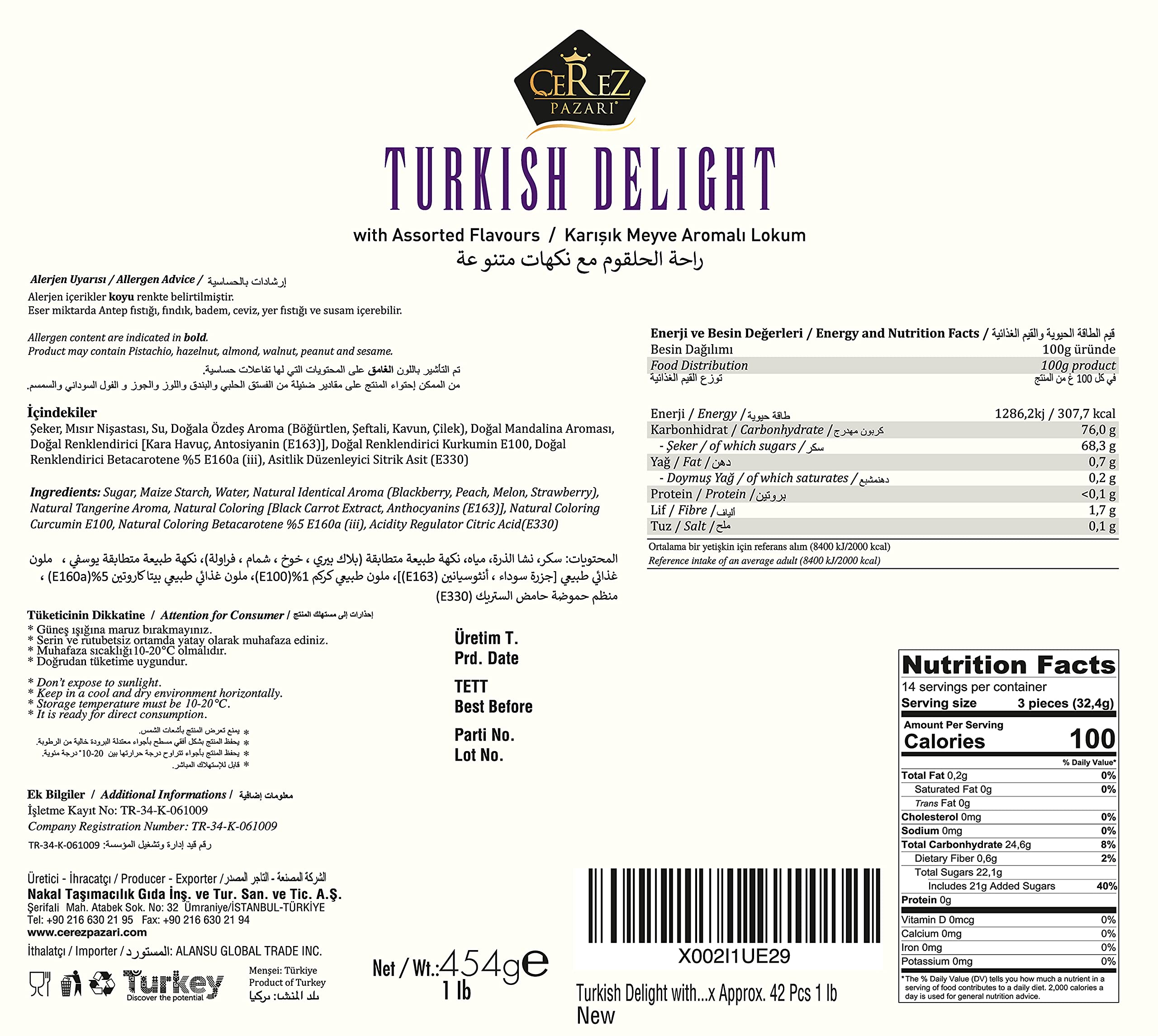 Cerez Pazari Turkish Delight Candy With Assorted Flavors, Gourmet Medium Size Snacks Gift Box, Sweet Luxury Traditional Confectionery Loukoumi, Vegan Lokum, Approx. No Nuts, 42 Pcs, 16 oz.