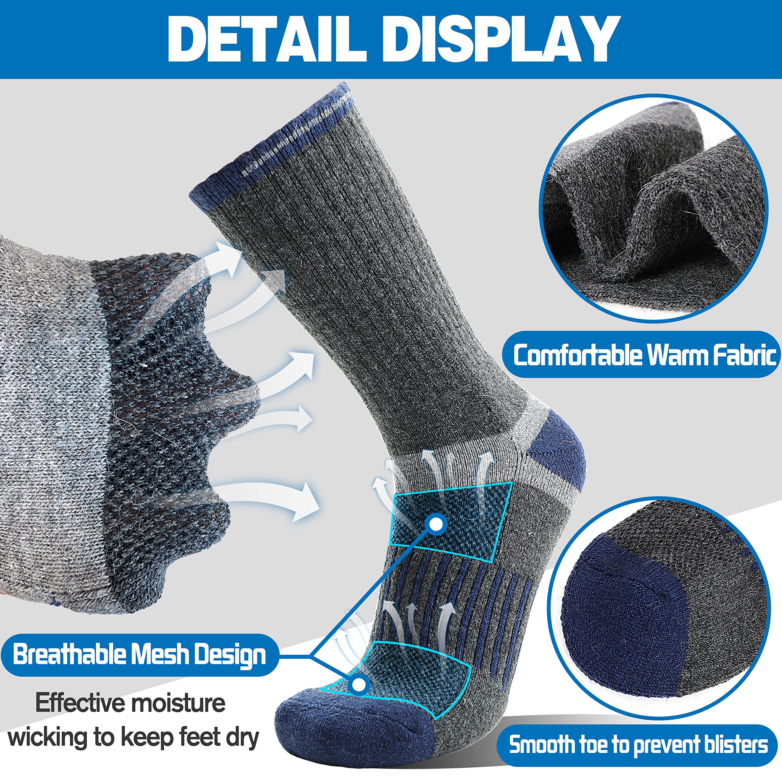 Merino Wool Hiking Socks for Men Warm Thermal Winter Cozy Work Crew Socks Gifts Stocking Stuffers 5 Pairs (Dark Pinstripes A,L)