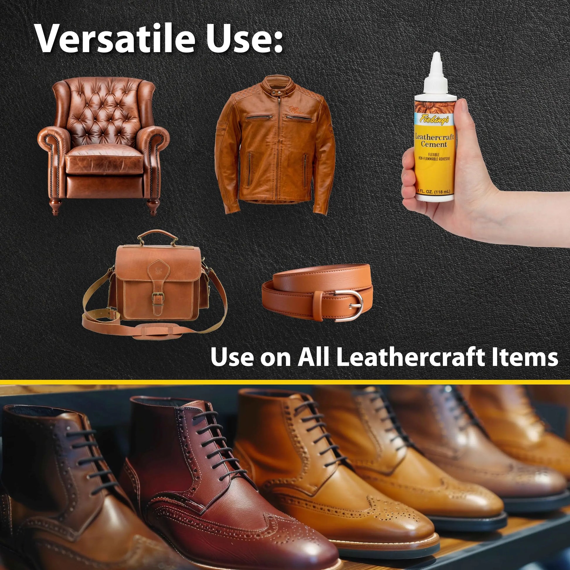 Fiebing's Leathercraft Cement - 4 oz Leather Glue Adhesive - Quick Drying, High Strength, Flexible, Permanent Bonding Leather Repair for Jackets, Shoes, Furniture, Purse - Non-Toxic & Non-Flammable