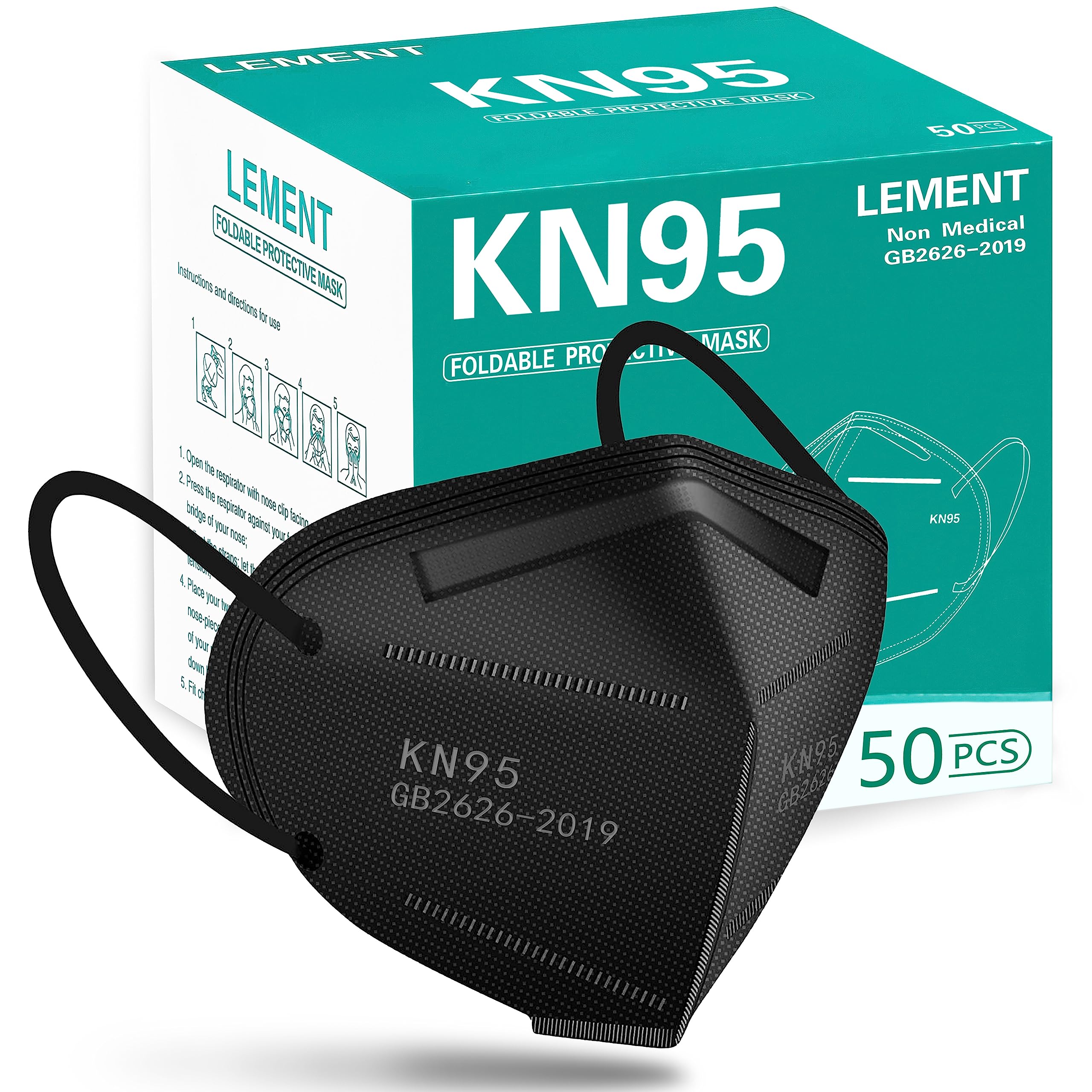 LEMENT 50 Stück KN95 Gesichtsmaske Schwarz 5-lagig Staubschutzmasken Filtereffizienz 95 % Atmungsaktive elastische Ohrschlaufen Schwarze Masken