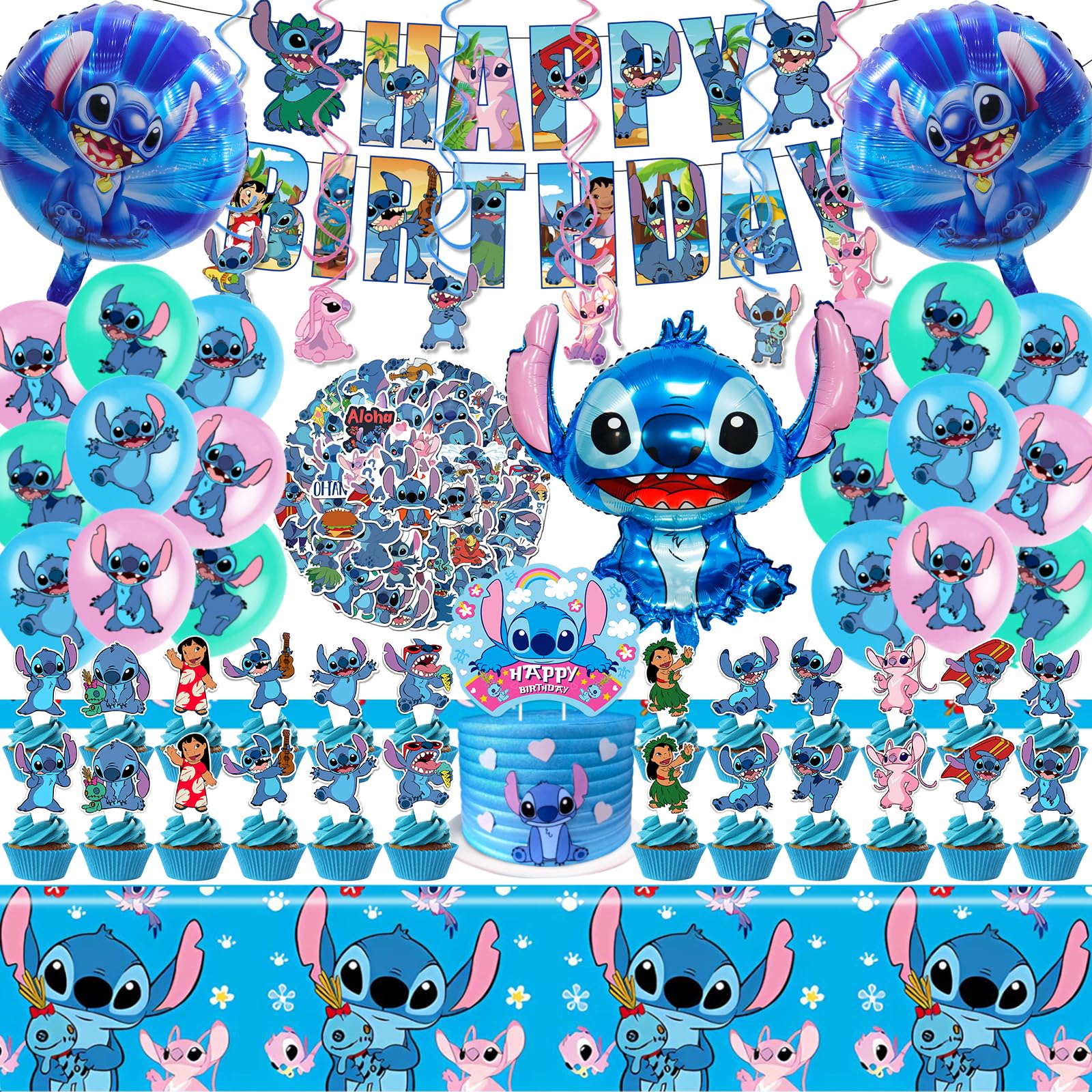 Stitch Partyzubehör, 101-teiliges Geburtstagsdekorationsset mit Banner, Luftballons, Aufklebern, Hängespiralen, Kuchen-Muffin-Toppern, Tischdecke für Jungen und Mädchen Stitch-Mottoparty