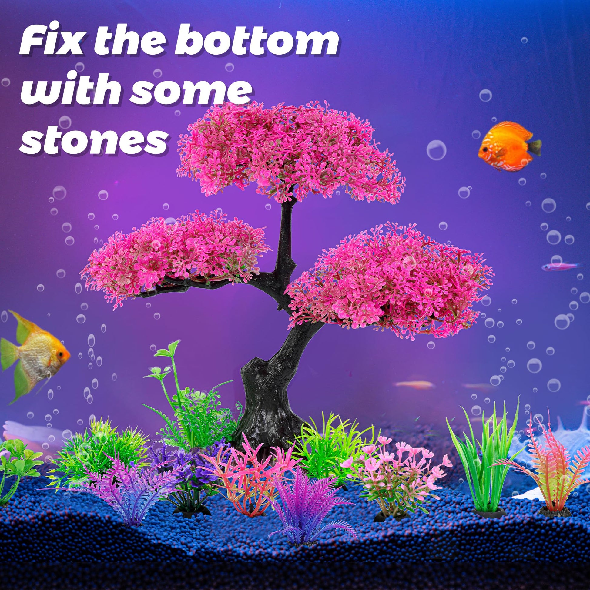 Ameliade Aquarium Artificial Plastic Plants Decoration, Pink Cherry Blossom Tree Aquarium Decor Set, Goldfish Betta Fish Tank Decorations Hides Accessories（Pink