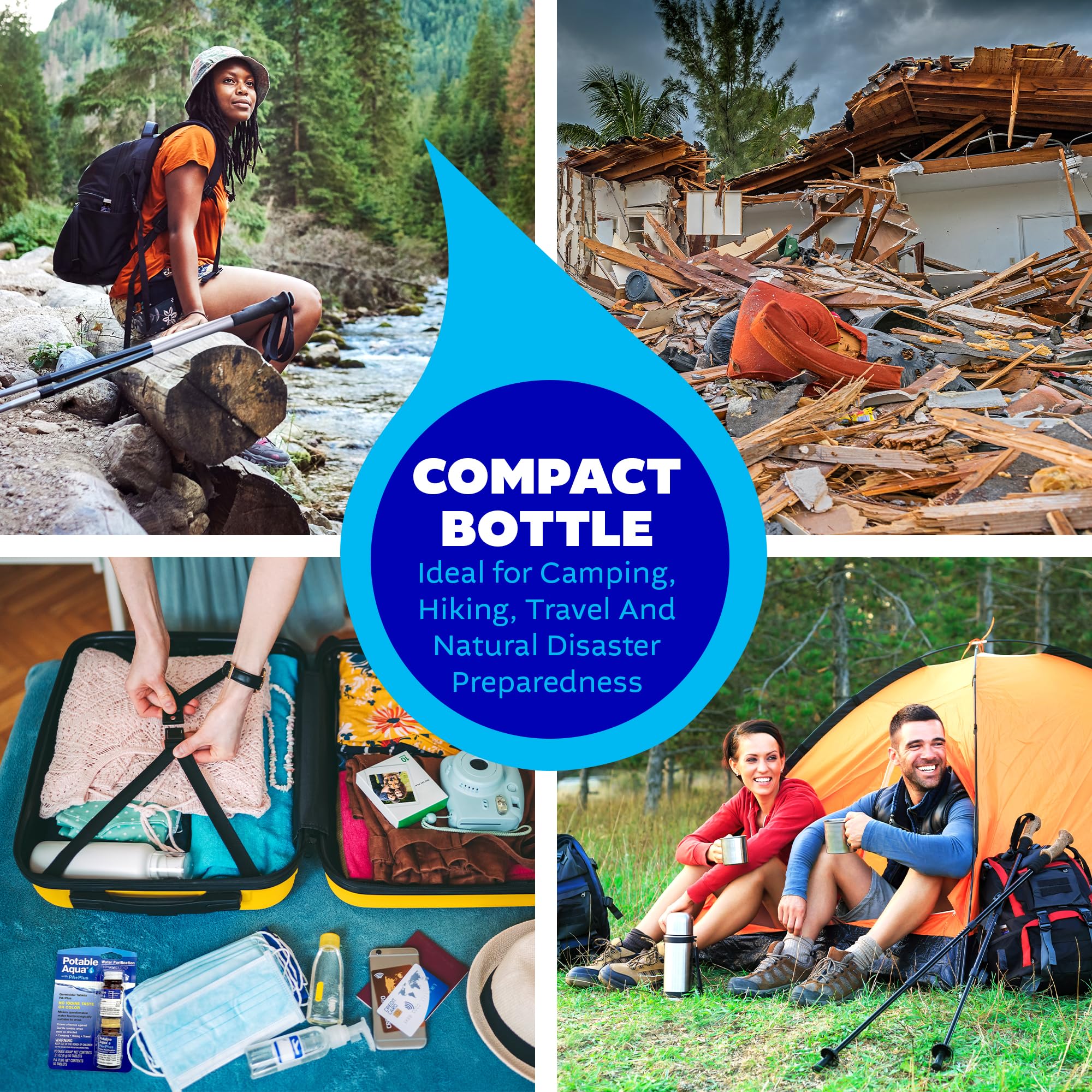 Potable Aqua Water Purification Tablets with PA Plus, Portable and Effective Solution for Camping, Hiking, Emergencies, Natural Disasters and International Travel, Two 50ct Bottles