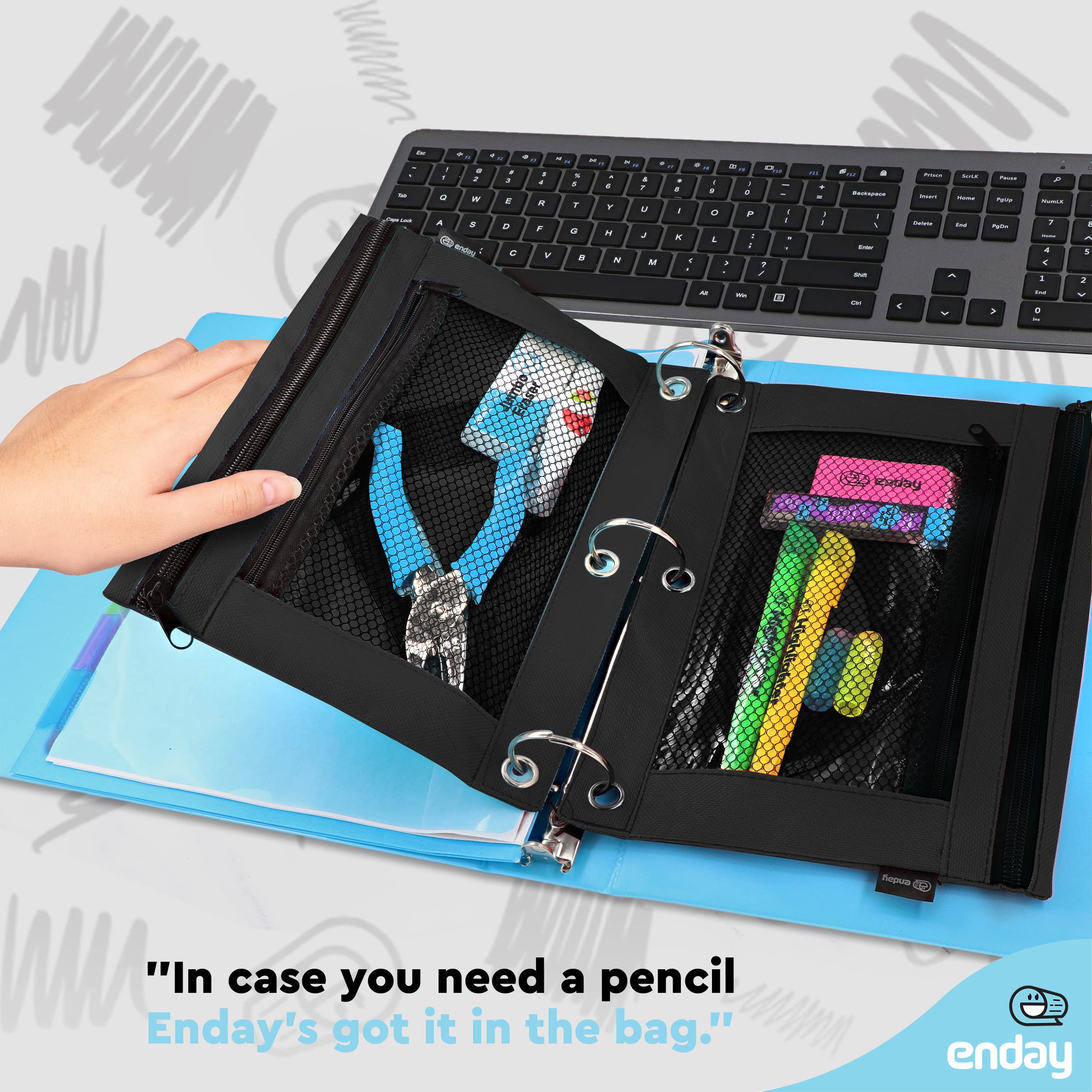 Enday Black Pencil Pouch For 3 Ring Binder, Zippered Binder Pencil Pouches, 3 Ring Pencil Pouch for Binder, Pencil Case for Binder, Large Pencil Bags for School, Home, and Office