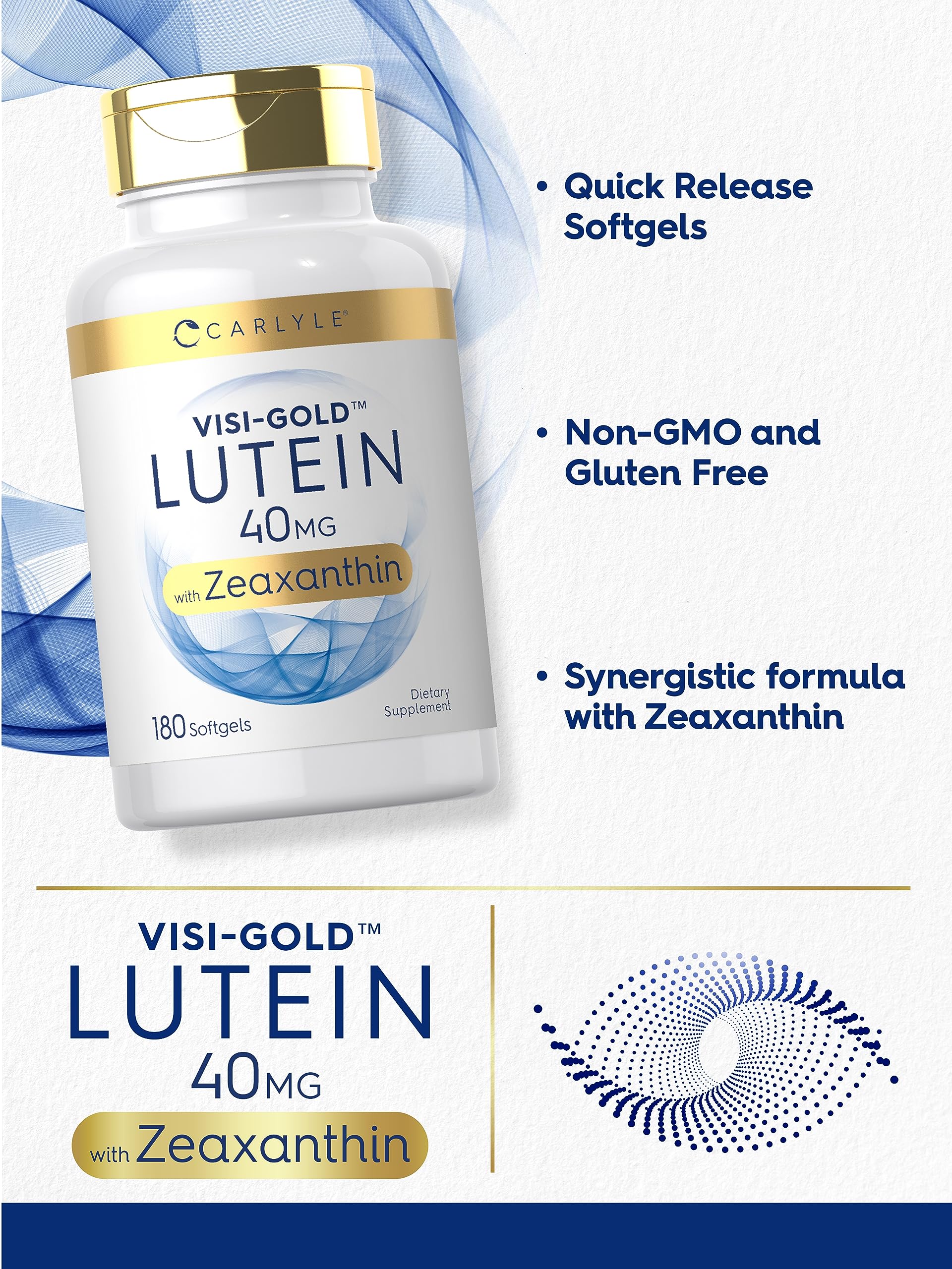 Carlyle Lutein and Zeaxanthin Supplement | 40mg | 180 Softgels | Pills for Eyes | Eye Health Vitamins | Visi-Gold | Non-GMO and Gluten Free