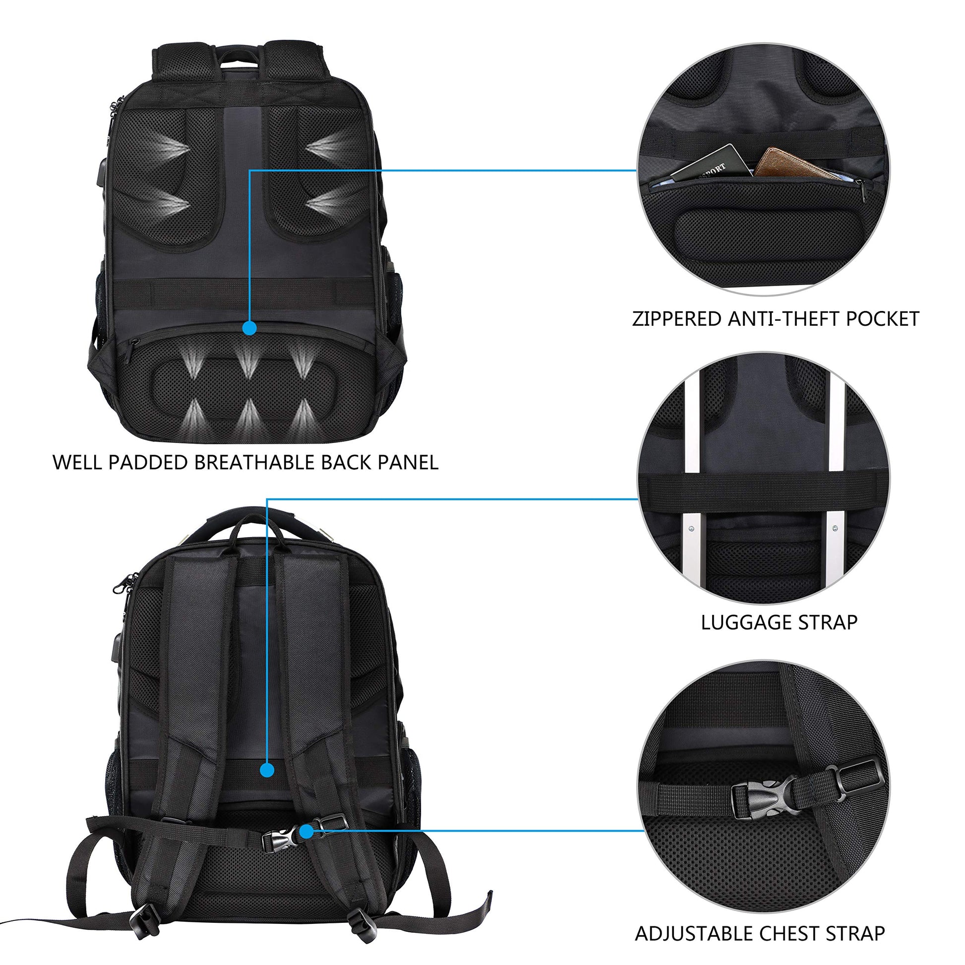 KROSER TSA Friendly Travel Laptop Backpack 17.3 inch XL Computer Backpack Water-Repellent College Daypack Business Backpack with RFID Pockets & USB Port for Men/Women-Black