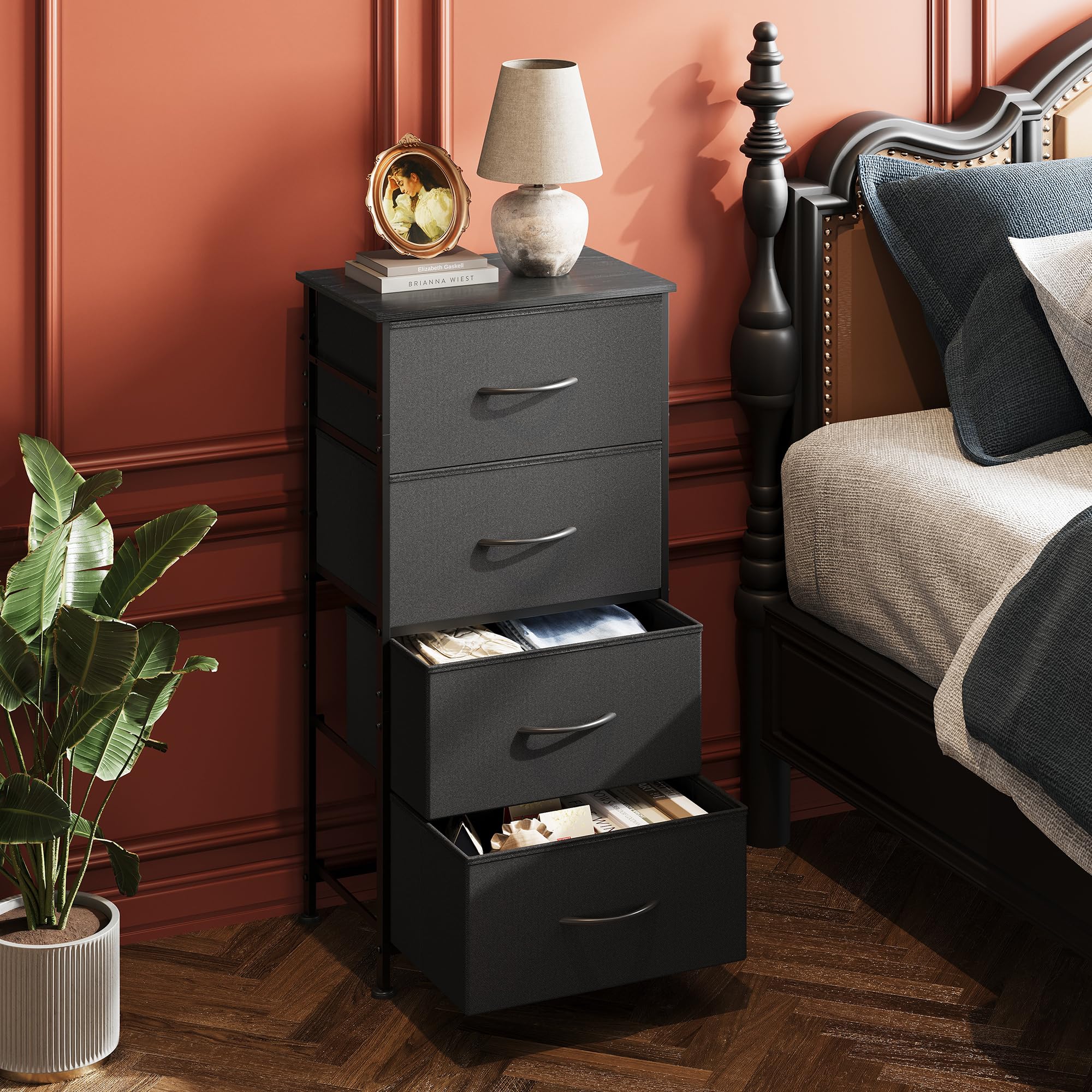 WLIVE Dresser with 4 Drawers, Fabric Storage Tower, Organizer Unit for Bedroom, Hallway, Entryway, Closets, Sturdy Steel Frame, Wood Top, Easy Pull Handle, Charcoal Black