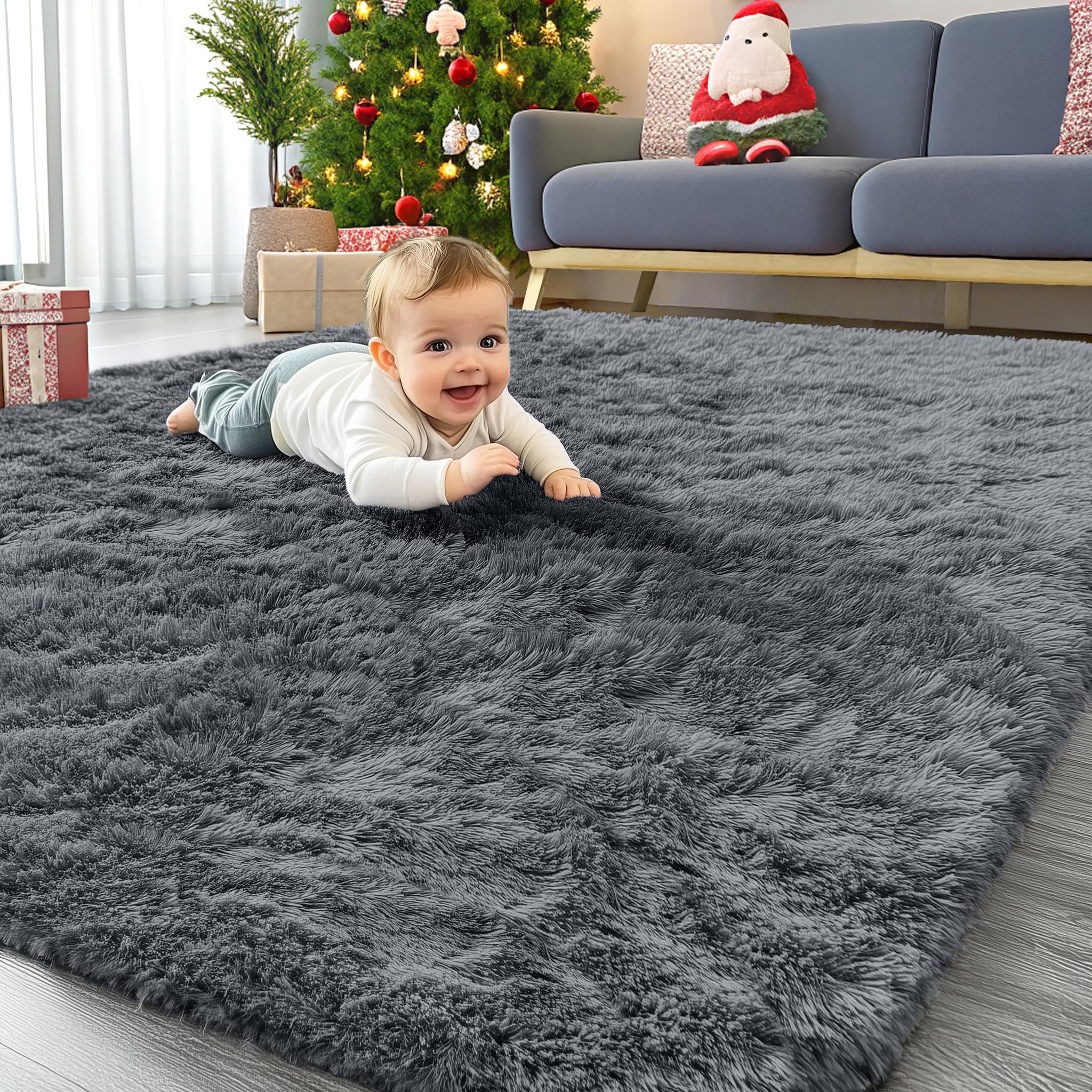OLANLY Area Rugs for Living Room Bedroom, Machine Washable 4x5.9 ft Soft Fluffy Shaggy Bedside Rug, Indoor Floor Carpet for Kids Girls and Boys, Dorms, Nursery Rooms, Home Decor Aesthetic, Grey