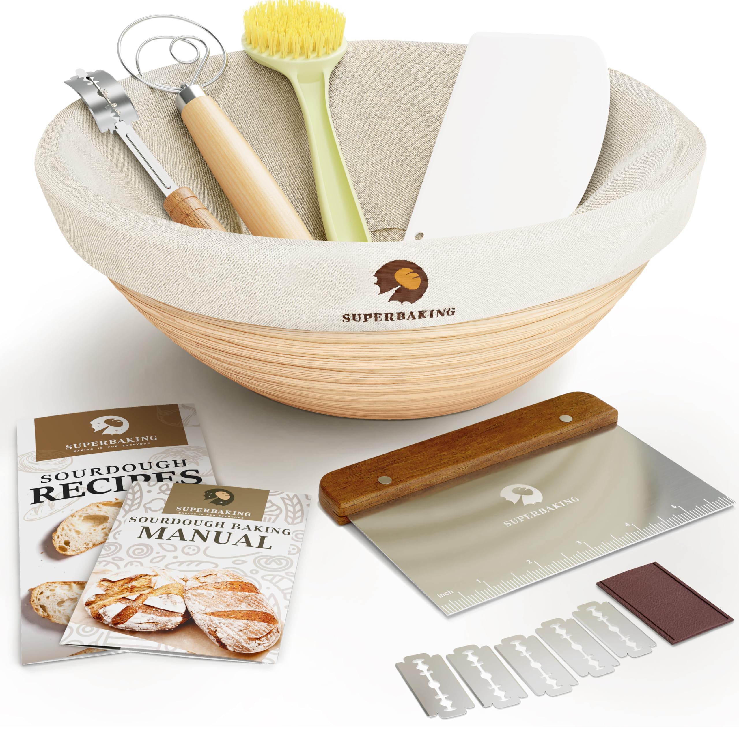 Superbaking Gärkorb für Sauerteigbrot, Backzubehör für Sauerteigbrot, rundes 9-Zoll-Sauerteig-Starter-Kit, Gärkorb zum Backen, Zubehör und Werkzeuge zur Brotherstellung, Banneton-Korb-Geschenkset