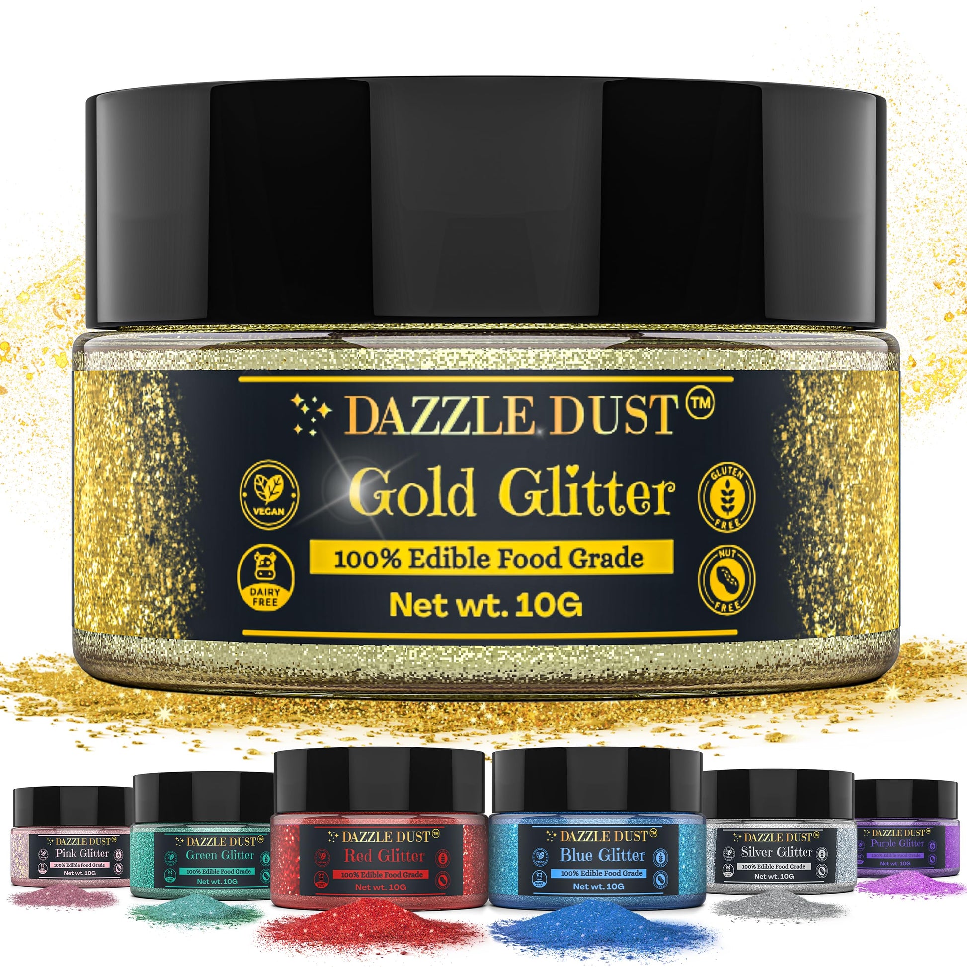 Dazzle Dust Edible Glitter Sprinkles for Cake Decorating, Drinks, Cookie, Icing, Dessert Decorations, Sparkly Luster, Food-Grade, Vegan, Gluten Free, Kosher, Bulk 10g, Gold
